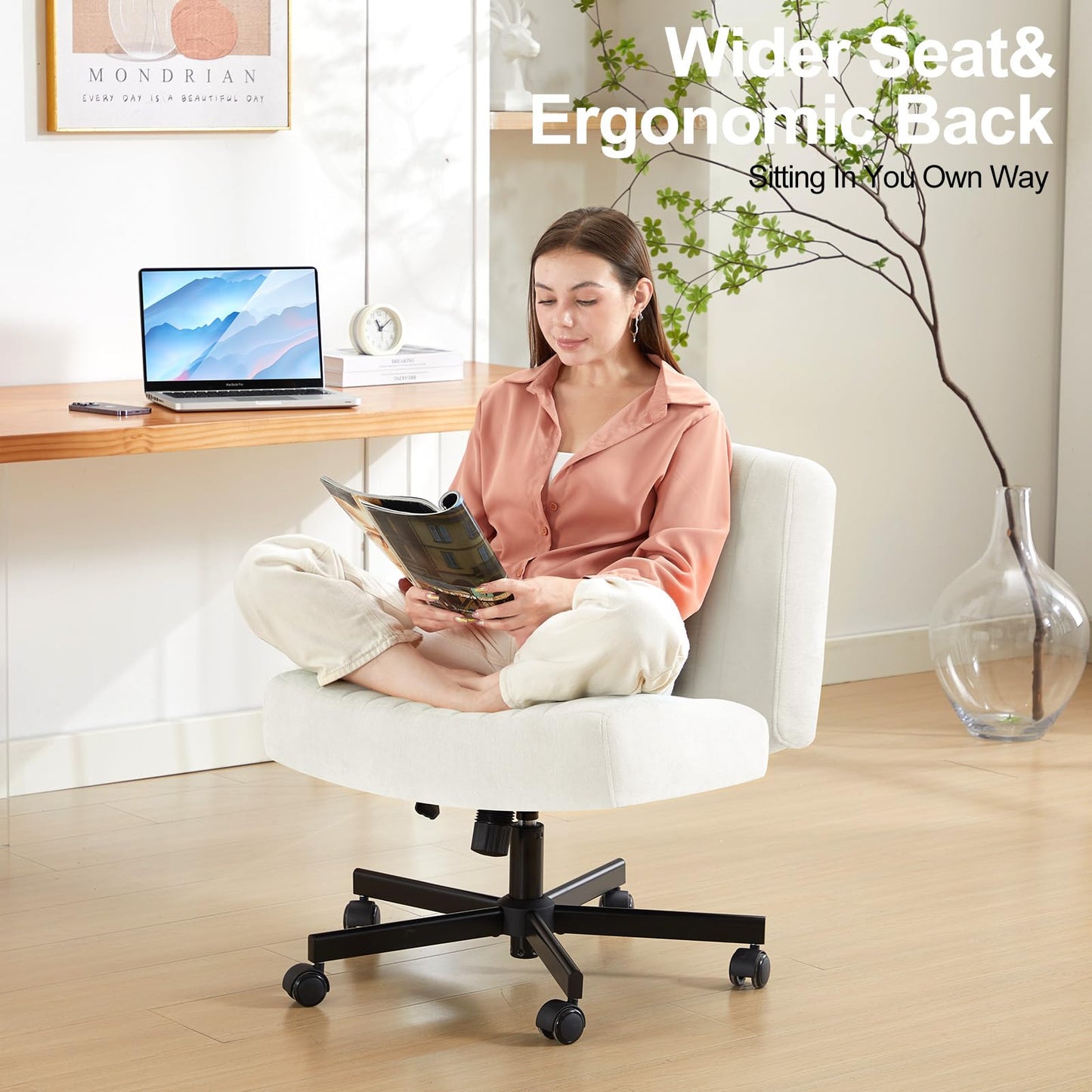TUKAKA Criss Cross Chair with Wheels,Thick Padded Fabric Cross Legged Office Desk Chair with Pocket Spring Cushion,Dual-Purpose Base,Wide Adjustable Computer Home Office Vanity Chair,Cream White