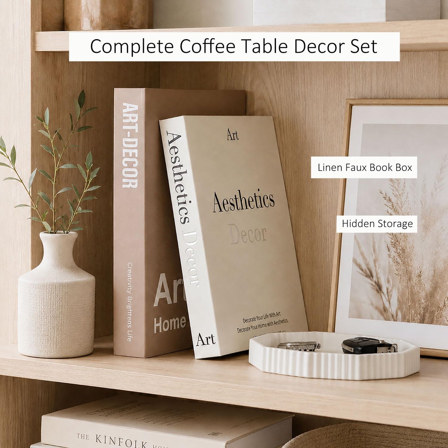 Decorative Concrete Tray & Linen Faux Book Box Set, Scalloped Coffee Table Tray with Hidden Storage, Beige Modern Home Decor for Bookshelf, Entryway, Vanity, Living Room & Housewarming Gift