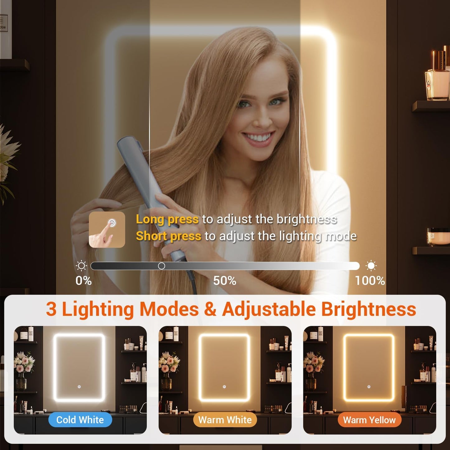 GAOMON Makeup Vanity with Mirror and Chair, Power Outlet, Hairdryer Holder, 7 Drawers, 3 Lighting Modes Brightness Adjustable Dressing Table for Bedroom