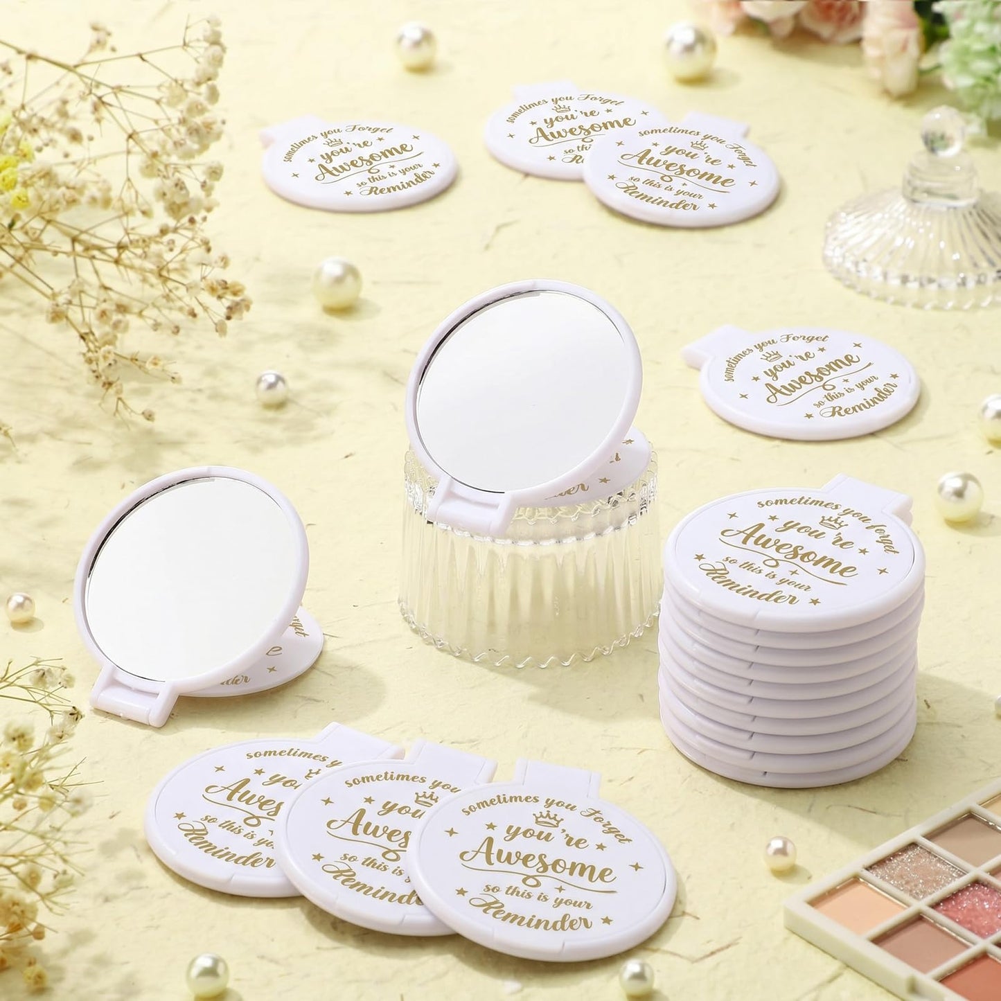 Gulfmew 100 Pcs 2.76 Inch Inspirational Compact Mirror Bulk Women Small Gifts Graduation Mothers Day Party Favors Purse Mirror Pocket Mini Items for Adult Coworker Cheerleader Swag Bag (White)