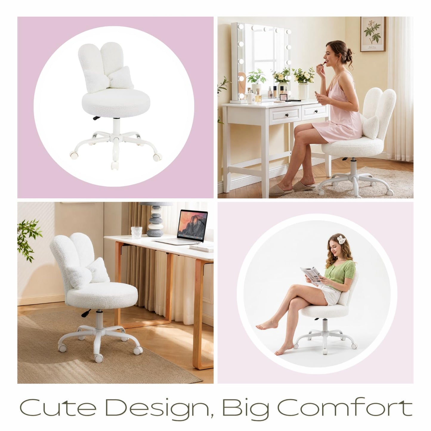VINGLI Playful Rabbit Ear Swivel White Vanity Desk Chair with wheels&Bow Pillow,Cute Comfy Small Armless Adjustable Rolling Stool for Bedroom/Home Office,for Kids,Teens,Girls,Women,Adults,Teddy Fleece