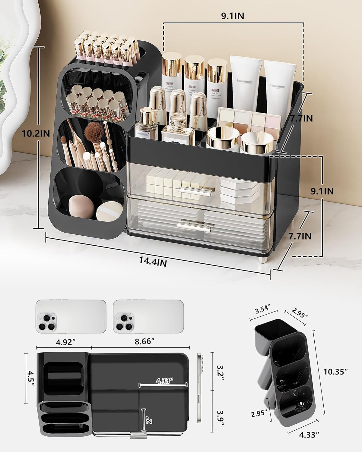 Large Makeup Organizer with Drawers,Multifunctional Multi-Compartment Storage Box,Cosmetic Display Case for Dresser Countertop & Bathroom Vanity,Black