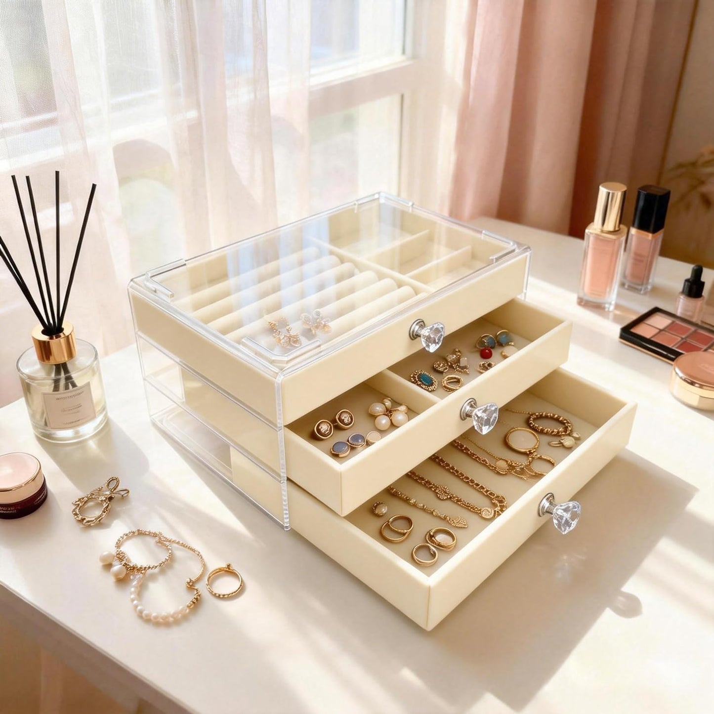 Jemjosh Clear Acrylic Velvet Jewelry Organizer with 3 Drawers, Stackable Display Storage Earrings Necklace Rings Bracelets Box Holder Case for Women, Beige