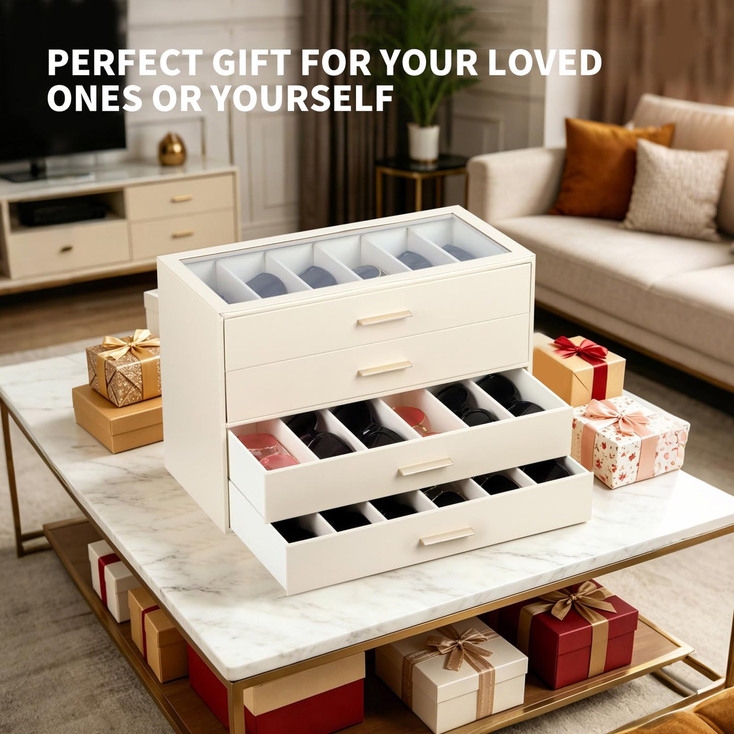 AUTORK PU Leather Sunglasses Organizer Case with Lock,4-Layer 24-Slot Eyeglass Display Box with Drawer,Glass Top Jewelry Storage Holder for Men Women,Ideal Gift for Desktop,Beige,MKAWC02