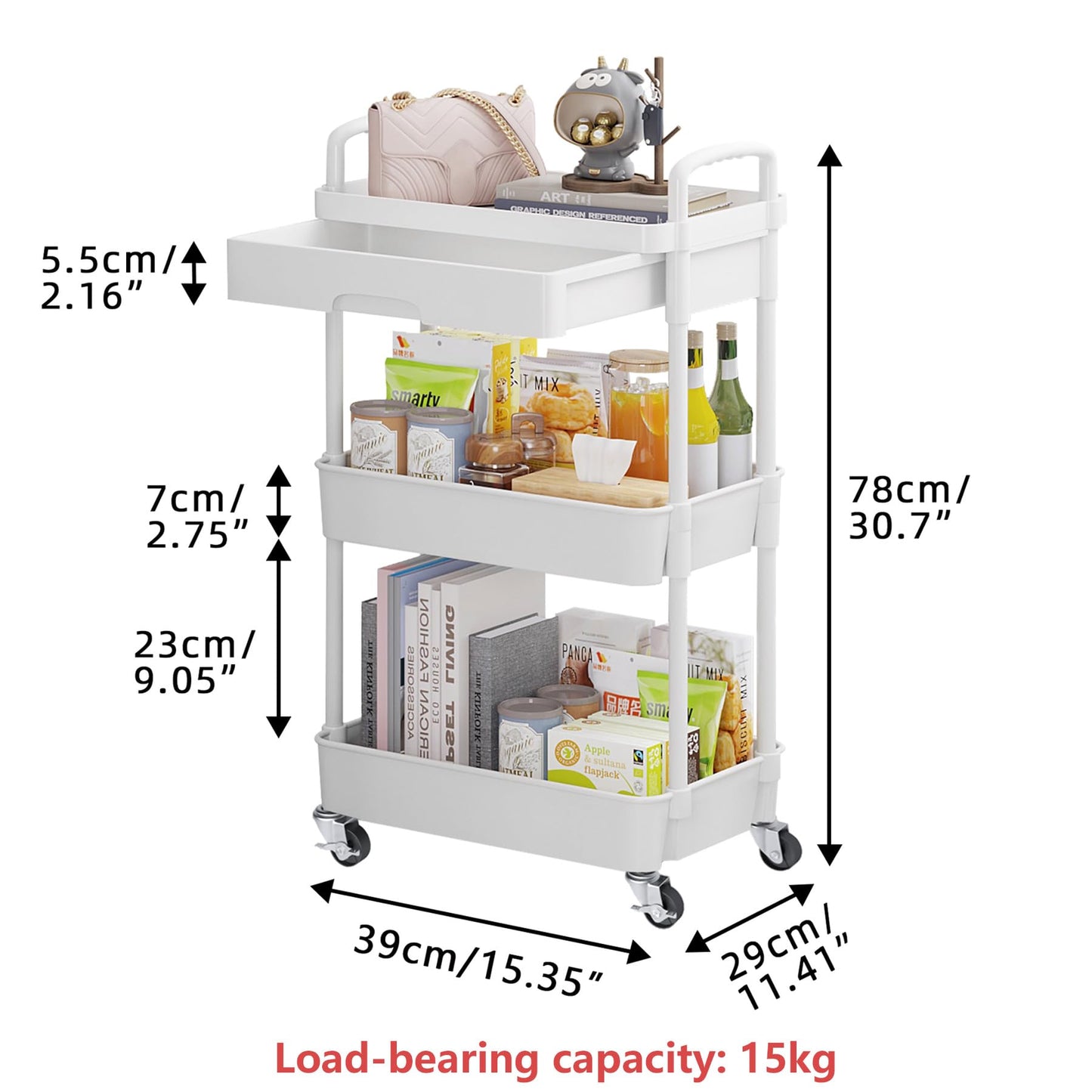 Calmootey 3-Tier Rolling Utility Cart with Drawer,Multifunctional Storage Organizer with Plastic Shelf & Metal Wheels,Storage Cart for Kitchen,Bathroom,Living Room,Office,White