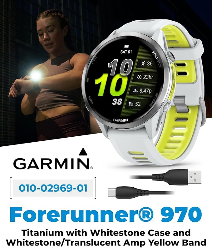 Wearable4U Garmin Forerunner 970 Titanium Smartwatch with Whitestone Case and Whitestone/Translucent Amp Yellow Band, AMOLED Display with Garmin HRM 600 S Power Bank Bundle