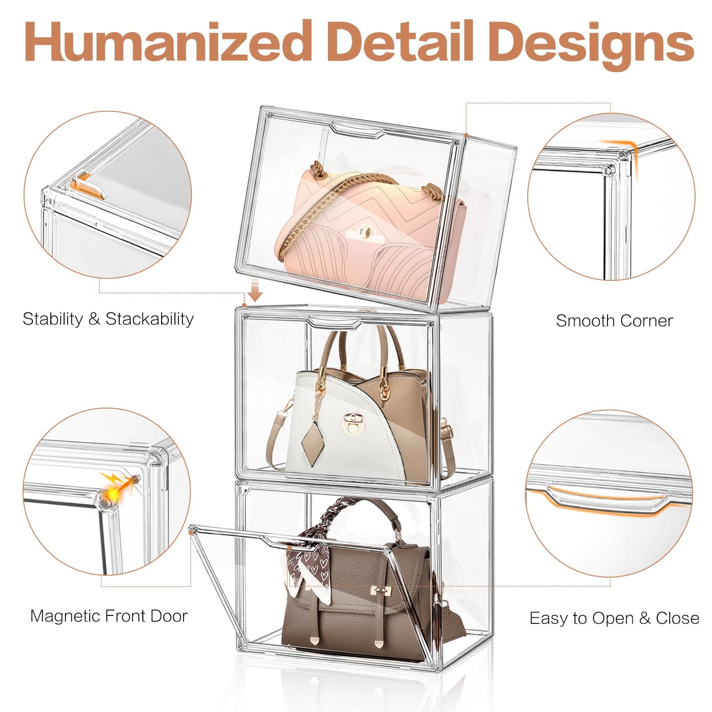 FODIENS 4 Packs Clear Handbag Storage Organizer for Closet, Acrylic Display Case for Purse Handbag, Stackable Purse Organizer Storage Box with Magnetic Door for Wallet Book Toys Collectibles