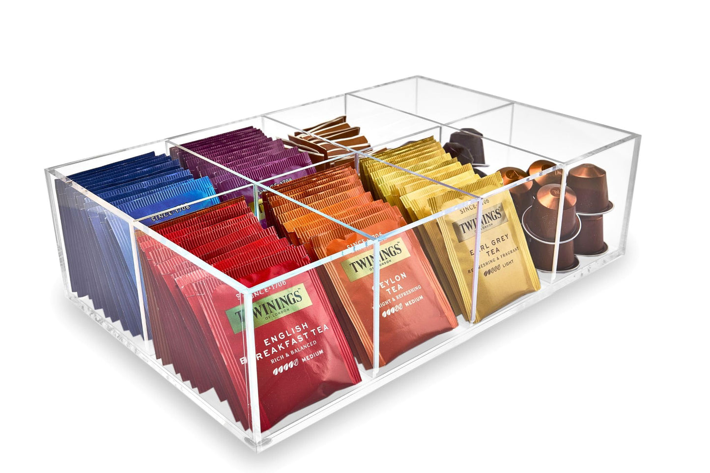 Meicloud Acrylic Tea Bag Organizer - Clear Tea Storage Box, K Cup Coffee Pods Holder with 8 Compartments, Tea Station Organizer for Countertop, Modern Tea Display Stand