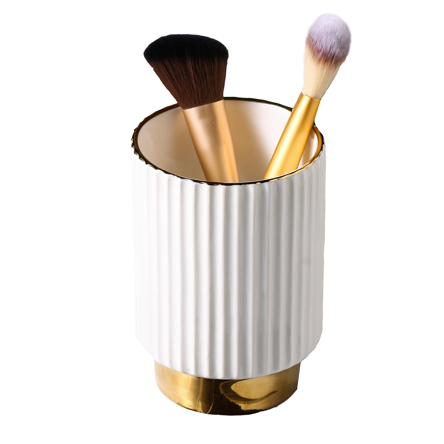 IEEK Makeup Brush holder Organizer,Glass Cosmetic Makeup Brush Cup Ceramics Brushes Storage Holder,White and Gold Modern Make Up Brush Cup Pen Pencil Holder Striped Vase