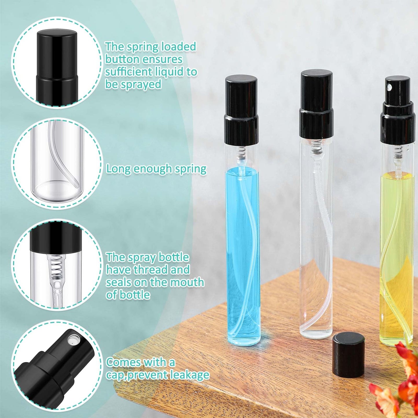 Zhehao 100 Pcs Mini Spray Bottles 10 ml Clear Glass Perfume Bottles Refillable Fine Mist Perfume Atomizer Portable Empty Sample Containers for Cleaning, Essential Oils, Travel (Black Cap)
