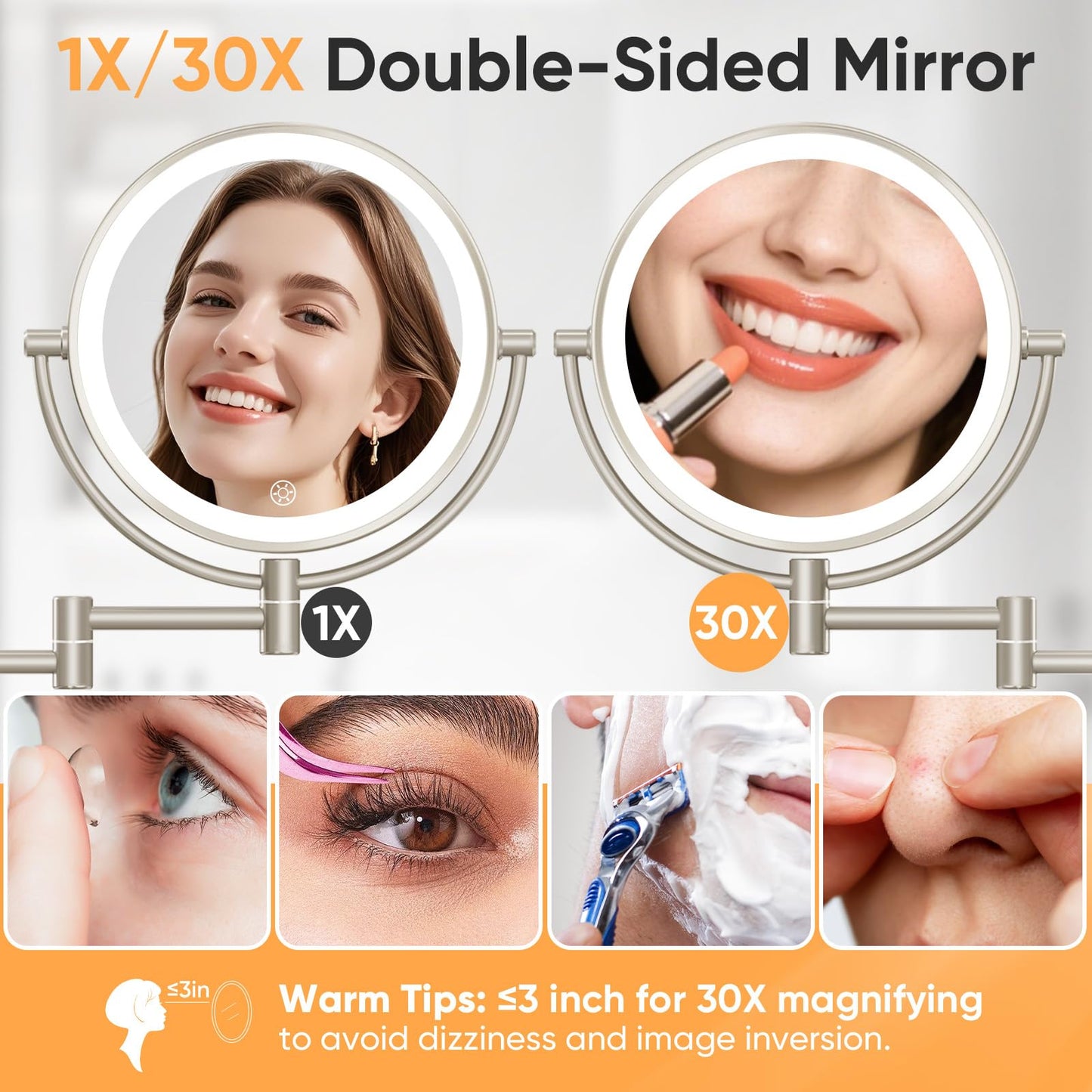FUNTOUCH 1X/30X Wall Mounted Lighted Makeup Mirror,AC Plug in Powered Double Sided Magnifying Bathroom Mirror with Lights,3 Color Lights Mode,Touch Dimmable,Extended Arm 360 Rotation Light up Mirrors