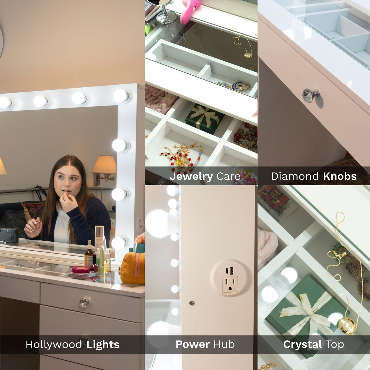 Boahaus Zoey Vanity Desk with Framed Bulb Mirror – 11 Drawer Makeup Station with Glass Top & Jewelry Divider