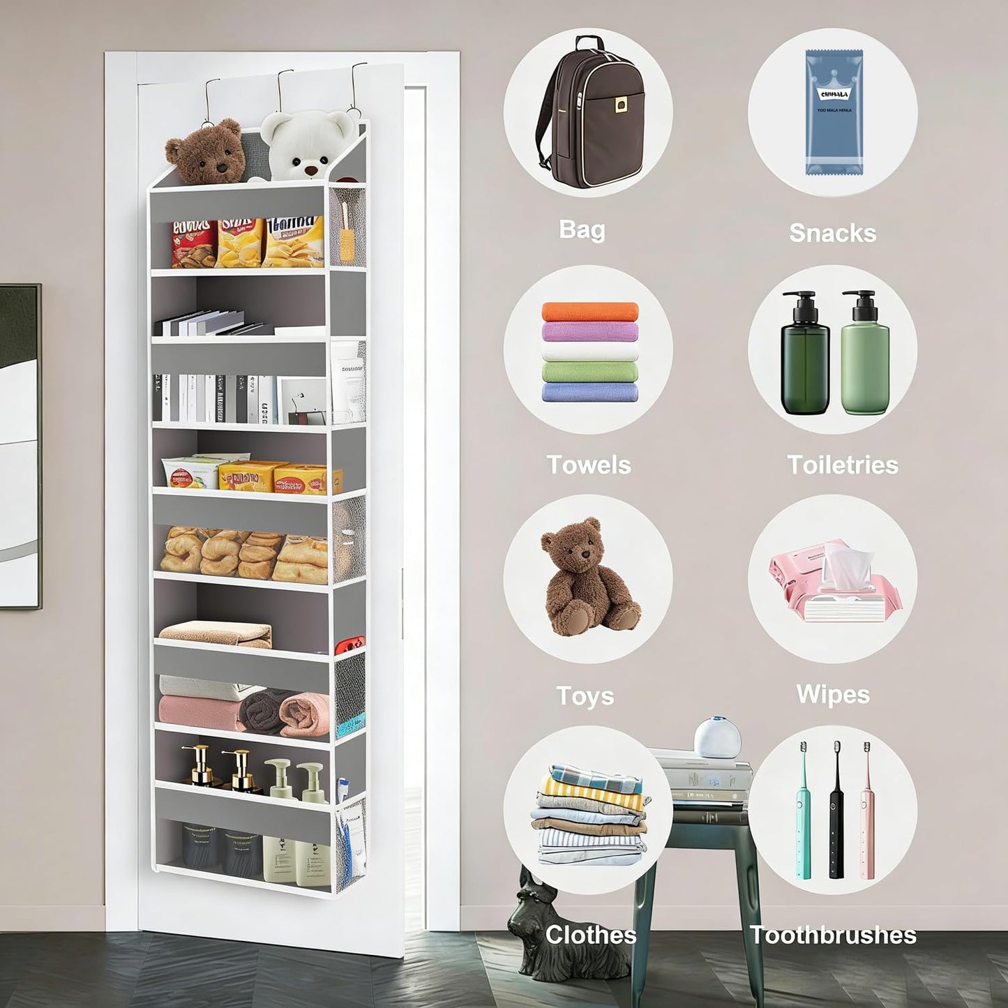 XiflLife Over The Door Organizer Closet,5 Bins 10 Side Pockets,Hanging Organizer,Anti Tilt 44 lbs Load Organizers and Storage with Clear Window for Bedroom,Nursery,Rv,Bathroom,Camper(Light Grey)