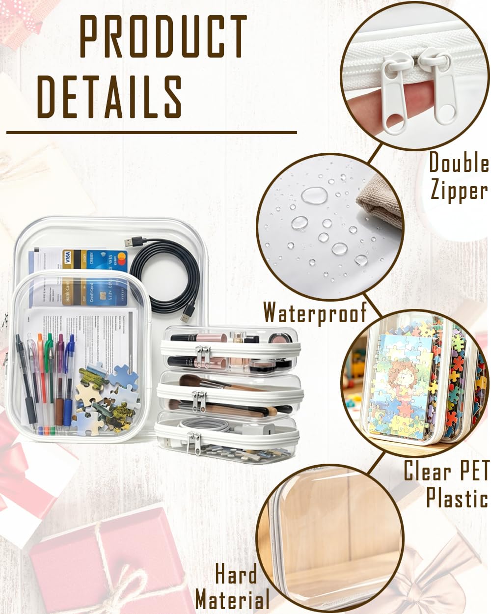WARM EF 5 Pack Clear Zipper Pouches Set, Hard Shell Zipper Case for Travel, Transparent Toiletry Bag Organizer, Cosmetic Makeup Bag, Portable Travel Organizer for Toiletries, Cables, Accessories