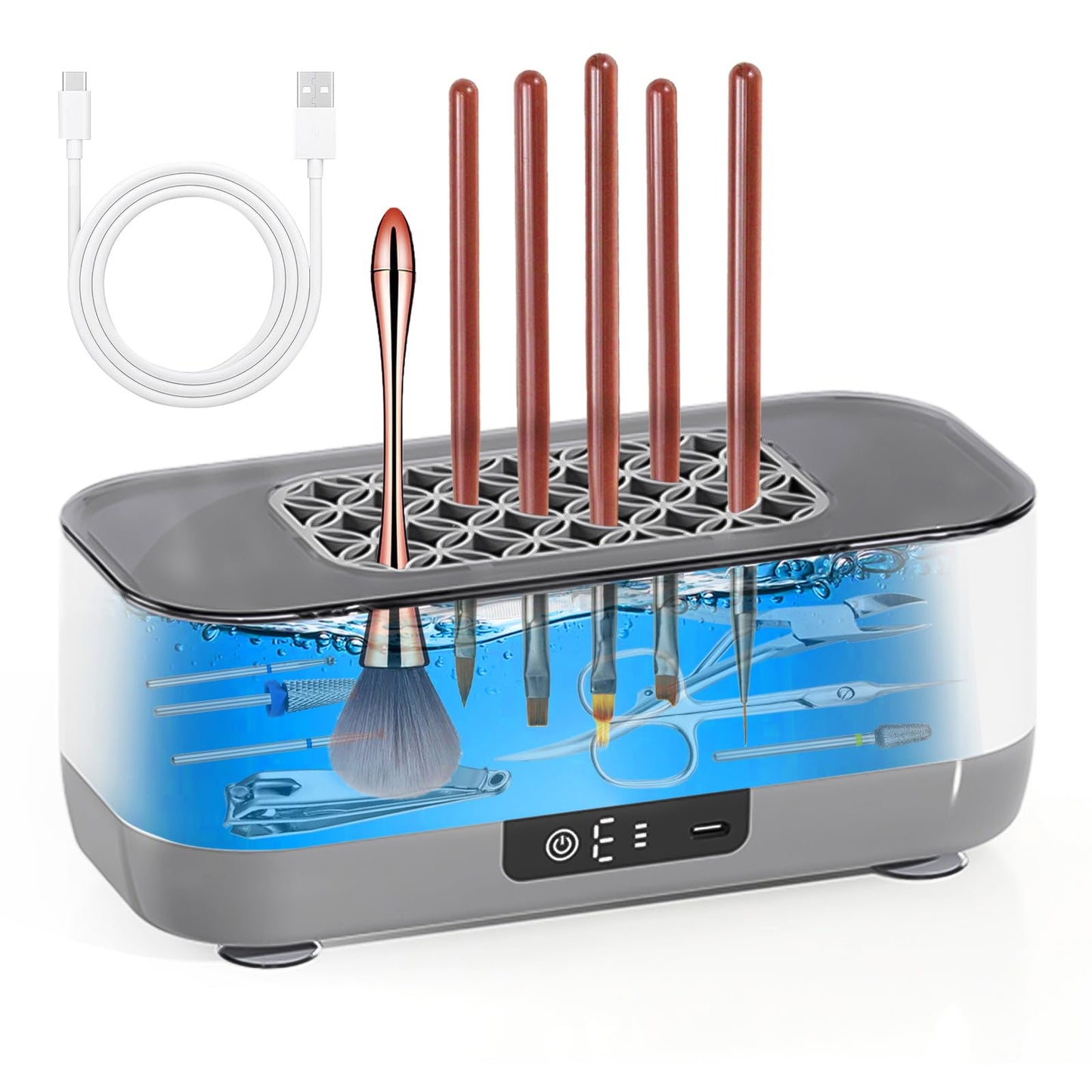 SOAEVUM 400ML Nail Tools Cleaning Machine with Brush Holder Grid, Large-Capacity 3 Timers Mode Use for Nail Drill Bits, Art Brushes, Cuticle Tools, Nail Clipper, for Nail Art Enthusiast at Home