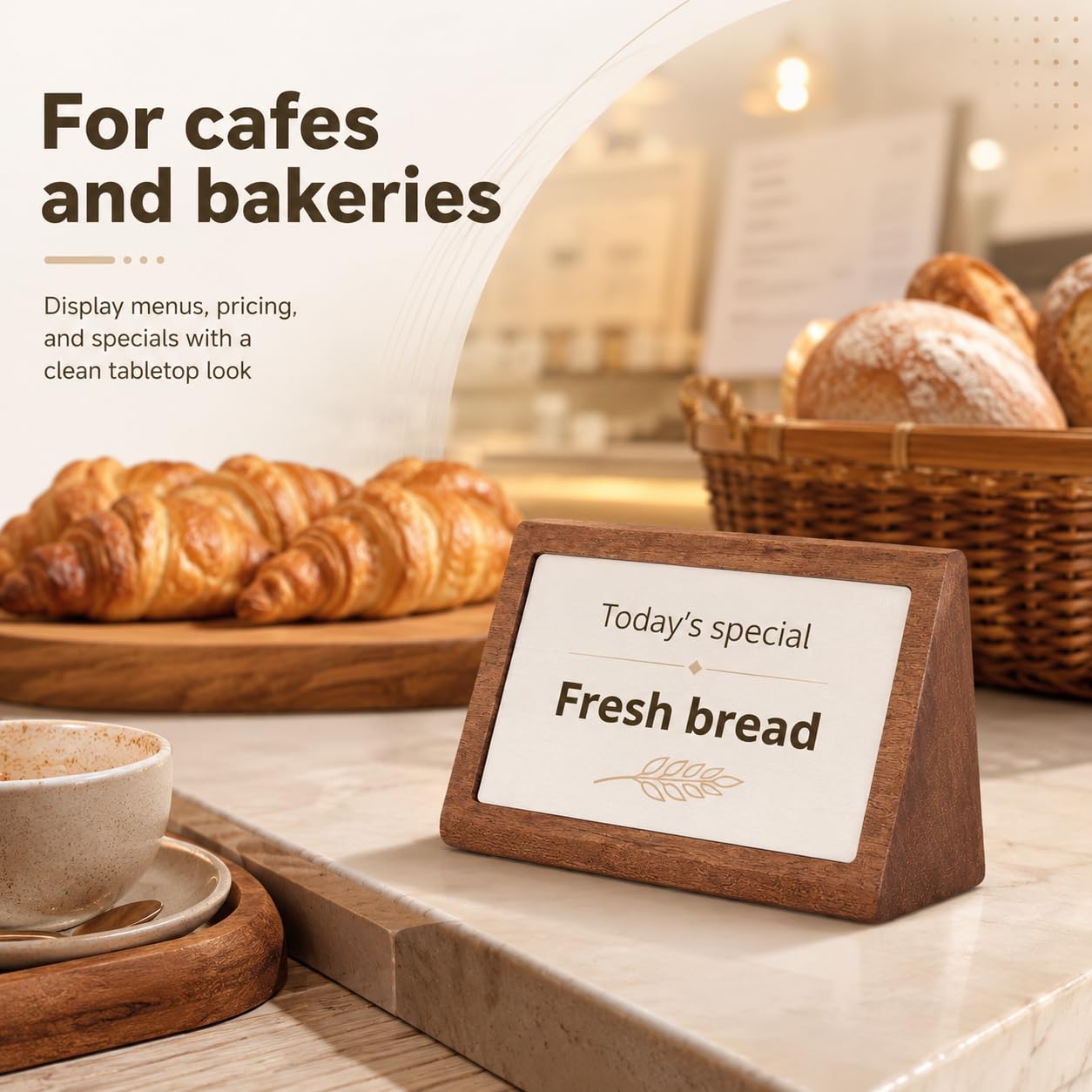 NIMBLOOM 6 Pcs Wood Label Holder Stand, 4.1 x 2.8 x 0.9 in Slanted Place Card Stands with Clear Acrylic Display, Versatile Desktop Sign Holder Stands for Retail Store, Cafe, Tea Shop, Bakery
