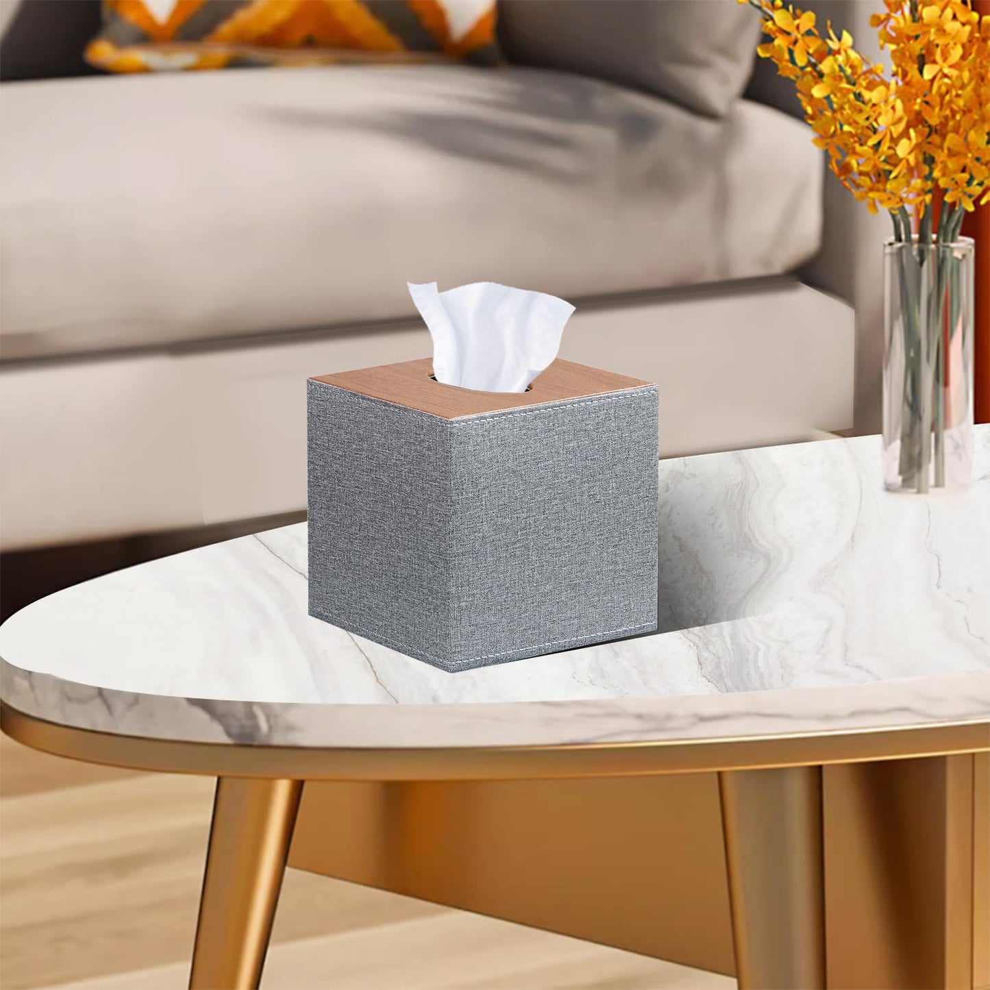 Leather Tissue Box Cover Square,Upgrade 99% Compatible Large Size,Modern Tissue Box Holder for Napkin Facial Paper,Dryer Sheet Dispenser Organizer for Bathroom Vanity Countertop,Night Stand