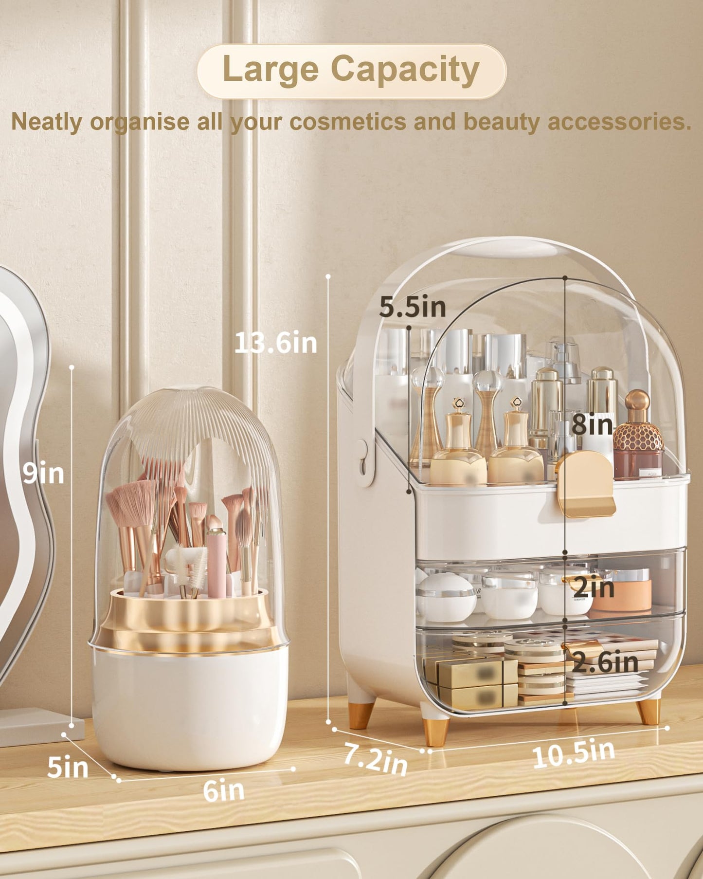 Makeup Organizer Countertop, Skincare Holder Bathroom Counter Organizer, Storage Box Cosmetic Display Cases, Teen Girl Gifts Make up Organizers (White/Brush)