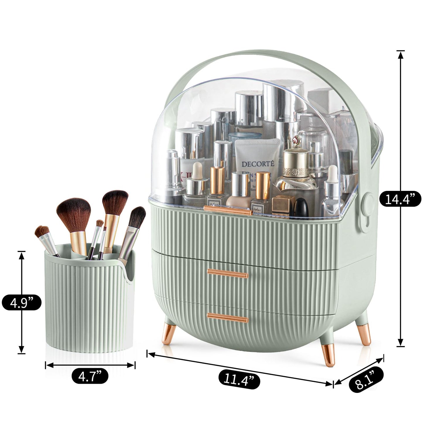 CANITORON Makeup Organizer with 2 Drawers and Brush Storage Box, Cosmetic Display Case for Vanity and Bathroom Countertop Storage (Sage Green)