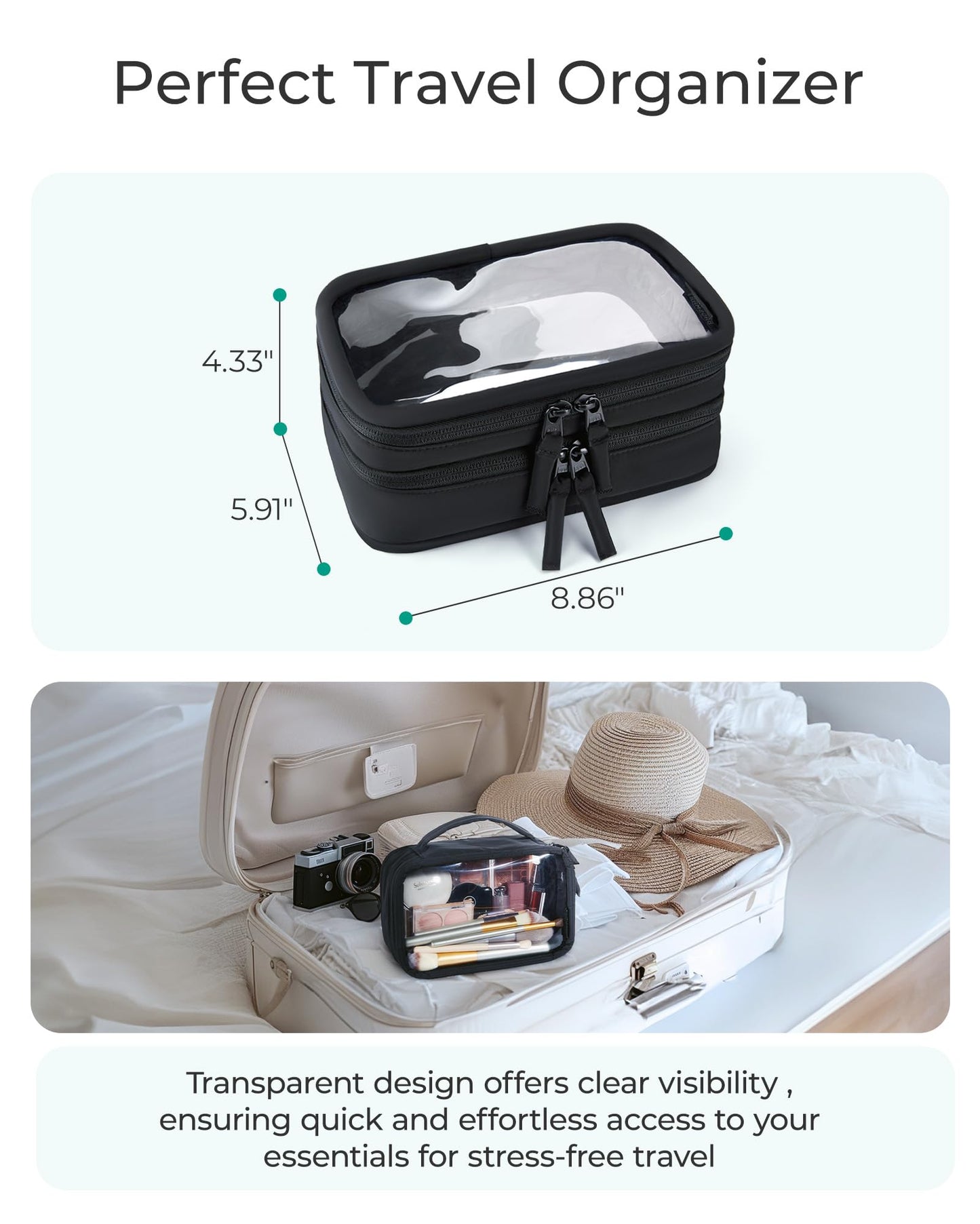 BAGSMART Double Layer Clear Makeup Bag, TSA-Approved Toiletry Bag, Large Opening with Handle, Cute Water-Resistant Travel Cosmetic Bag with Double Zipper for Car Essentials(Black)