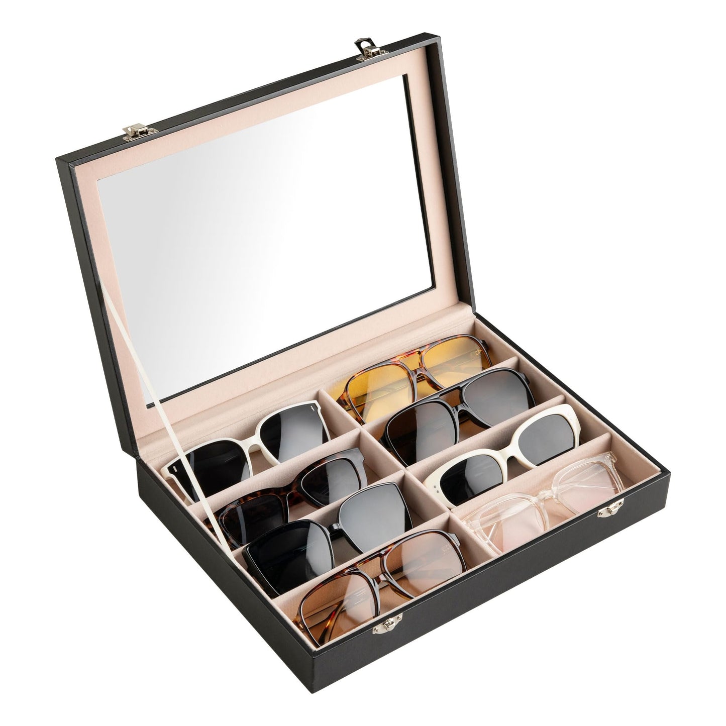 Frebeauty Sunglass Organizer,PU Leather Glasses Organizer,8-Slot Sunglasses Tray with Clear Lid,Men's/Women's Sunglasses Box,Sunglass Case,13.3x9.6x2.4 Inches,Eyeglass/Eyewear Display Tray(Black)