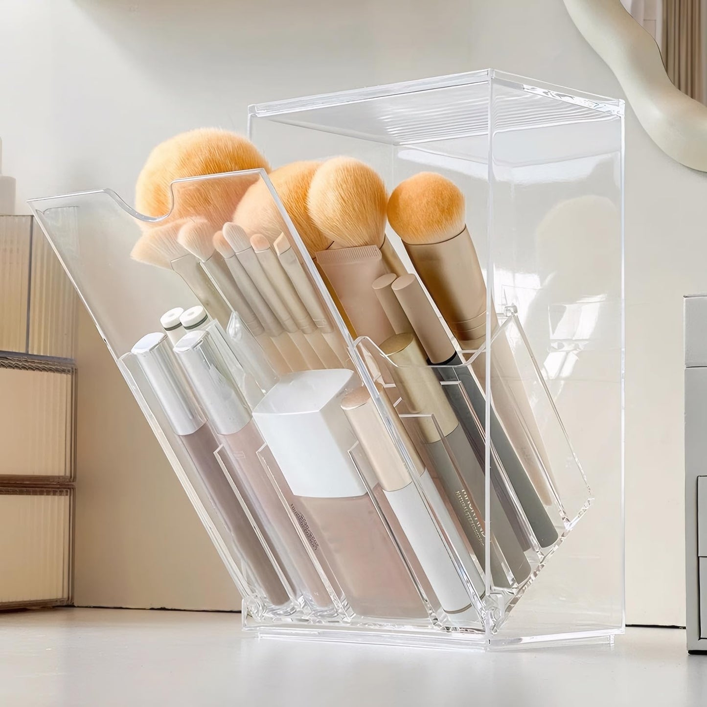 Singring Makeup Brush Holder Organizer with Lid, Acrylic Dustproof Makeup Brush Storage Box, Cosmetic Make Up Brush Container for Vanity, Bathroom