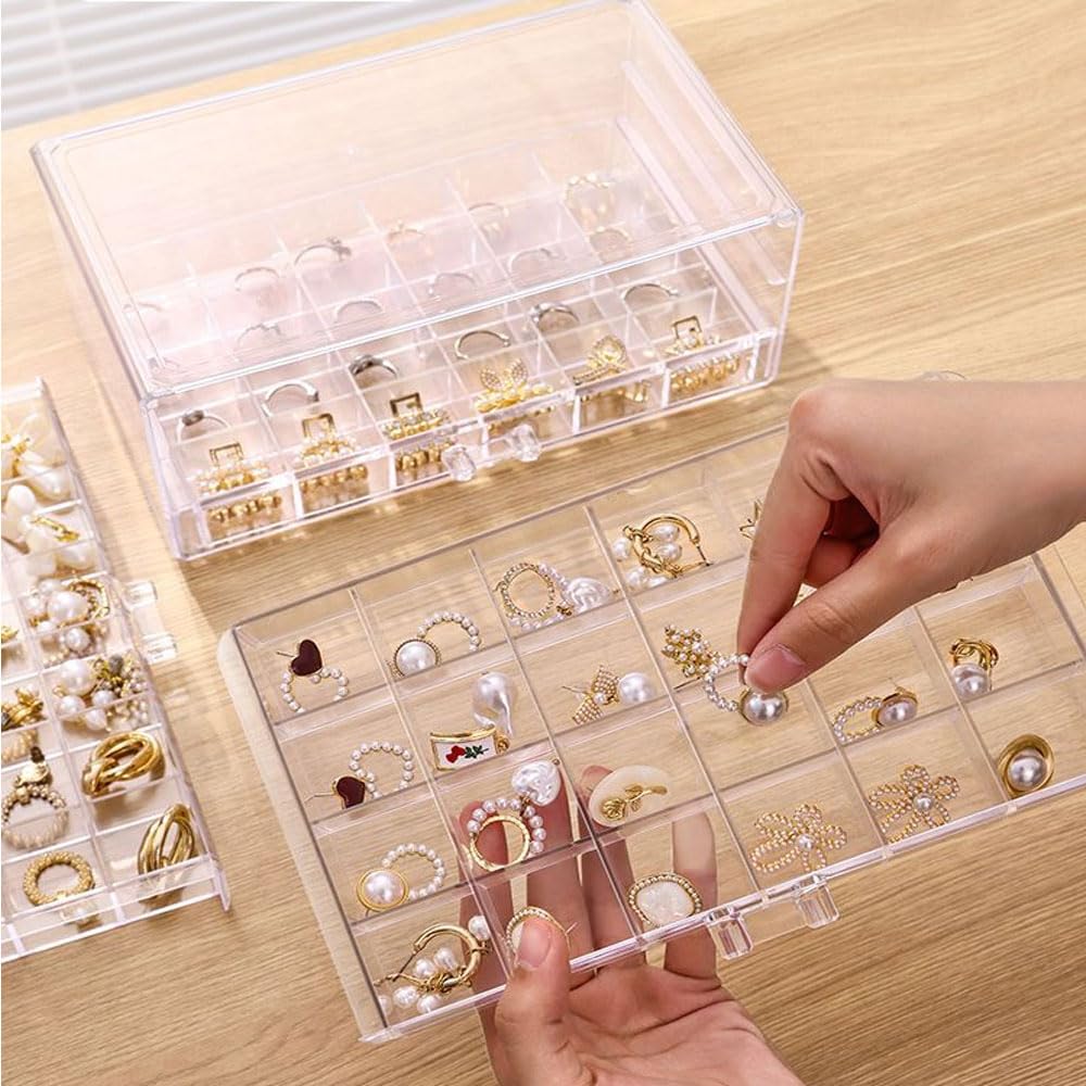 CLUQMEIK Earring Organizer Box Clear Storage Acrylic for Earrings Necklace Organizer Jewelry Box with 72 Grids Storage Compartments Transparent Ring Clear Jewelry Organizer