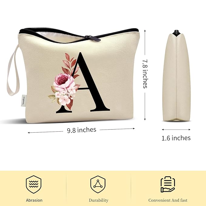 Vavabox A-Z Personalized Makeup Bag, Birthday Gifts for Women Mom, Gifts for Best Friend, Bride Bridesmaid Cosmetic bag (B, Yellow)