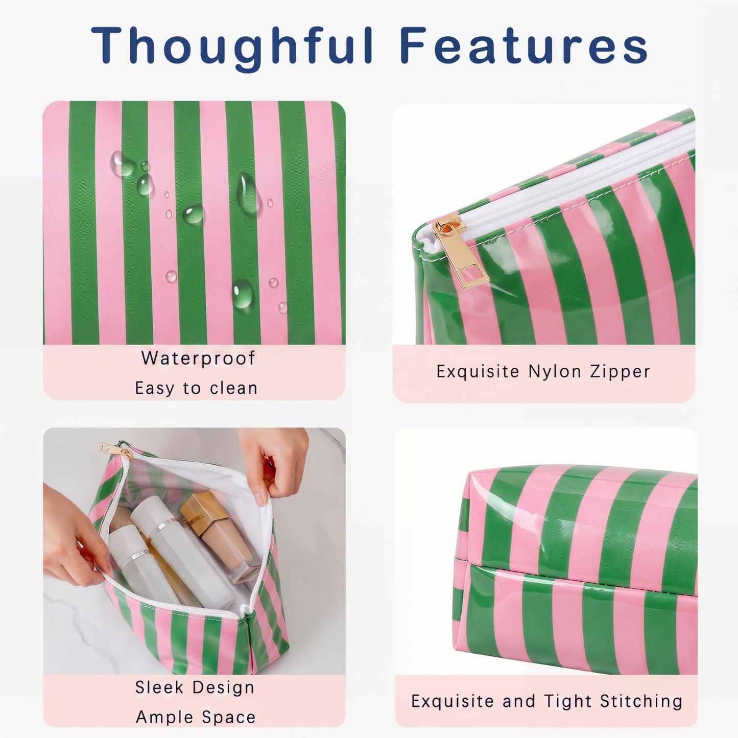 Lestikave Large PVC Waterproof Striped Makeup Bag,Clear Coated Cosmetic Bags,Easy to Clean,Travel Organizer Zipper Pouch Beach Vacation Essentials for Women Girls(09Pink Green)