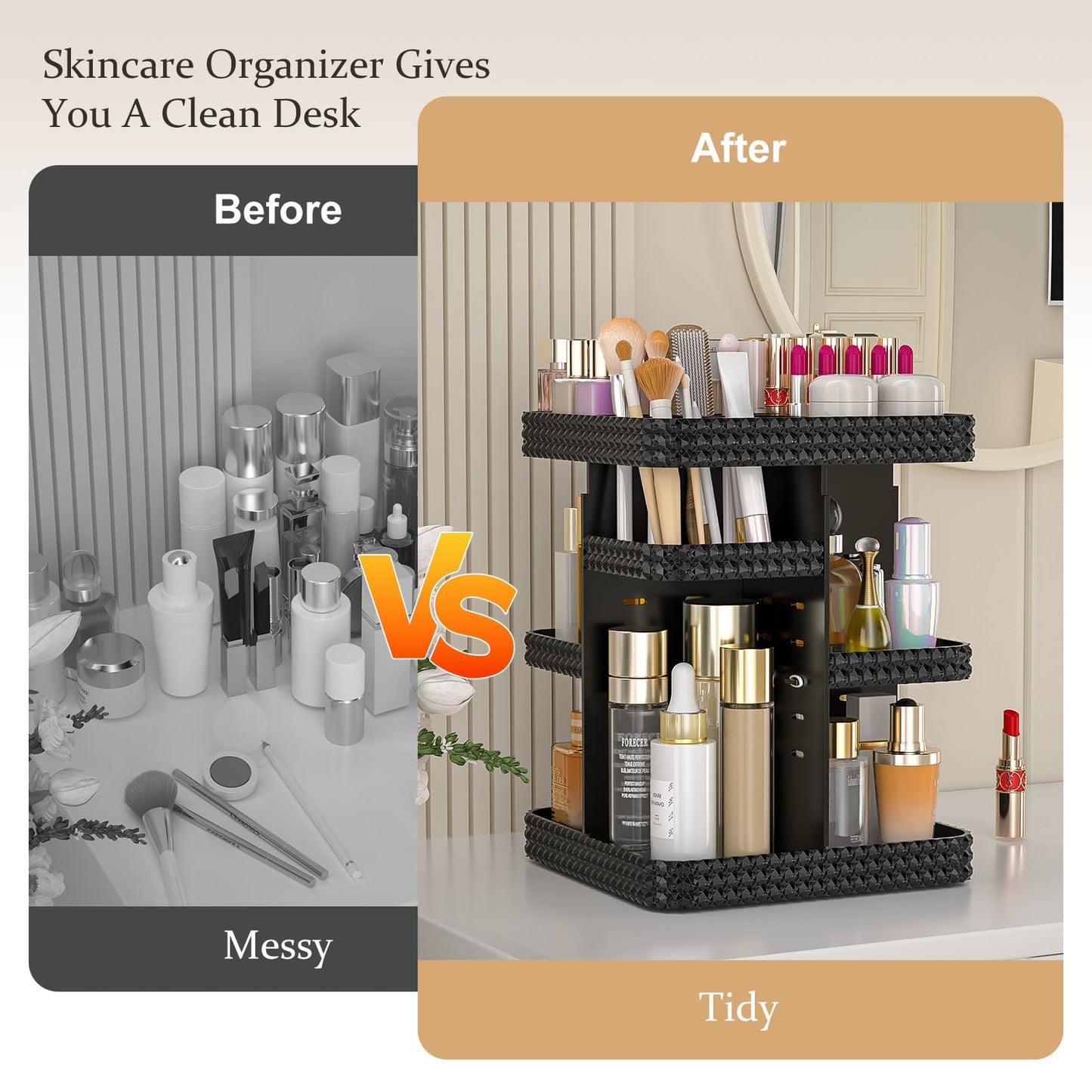 HEMTROY Rotating Makeup Organizer with Makeup Brush Holder,Large Capacity Perfume Organizer for Vanity Countertop,Acrylic Skincare Organizers Spinning Holder Storage Rack (Black)