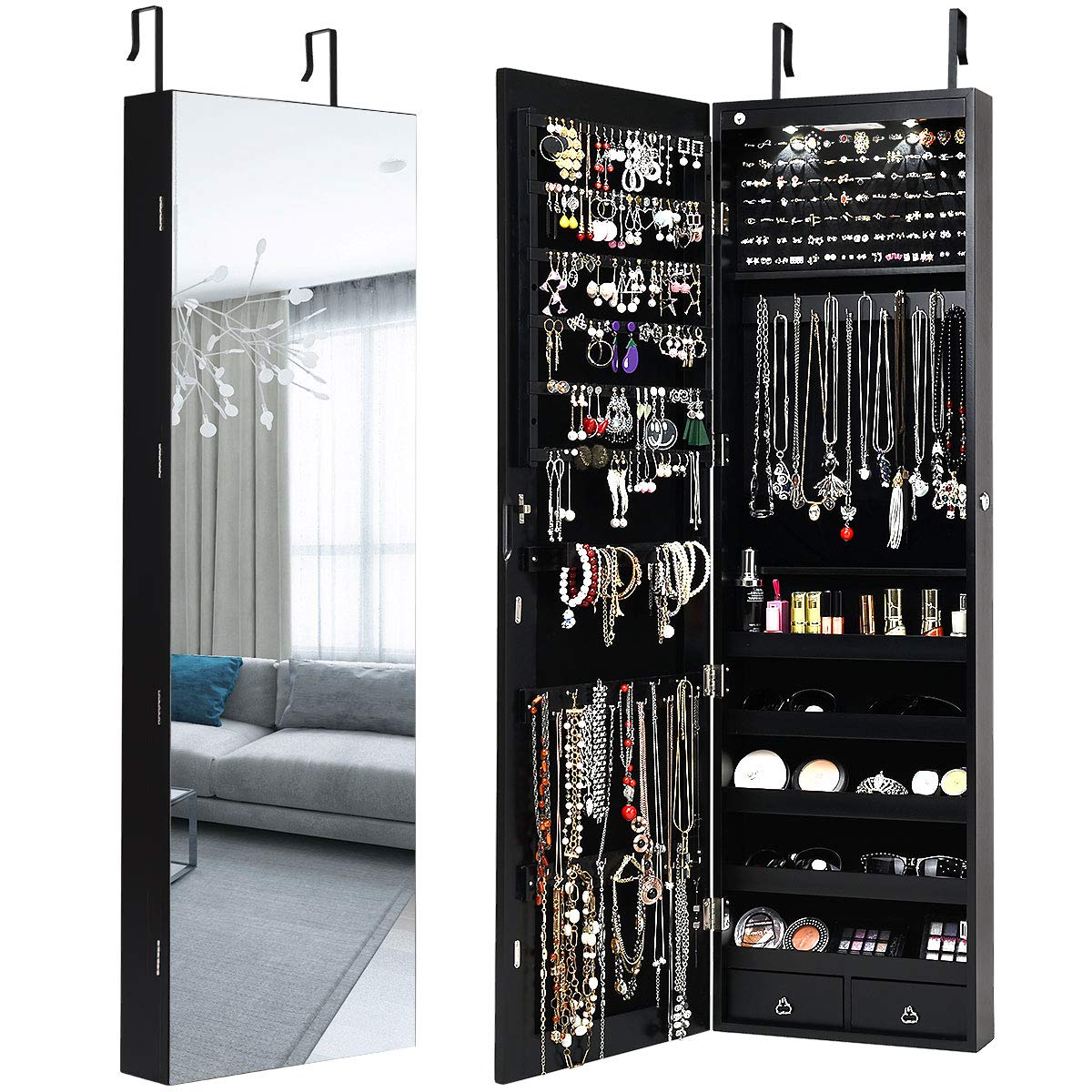 HAPPYGRILL Over the Door Jewelry Organizer, Hanging Jewelry Storage Cabinet w/Full-Length, Inner Makeup Mirror, Earring Shelves, Ring Slots, 25 Necklace Hooks, Wall Mounted Jewelry Armoire for Women