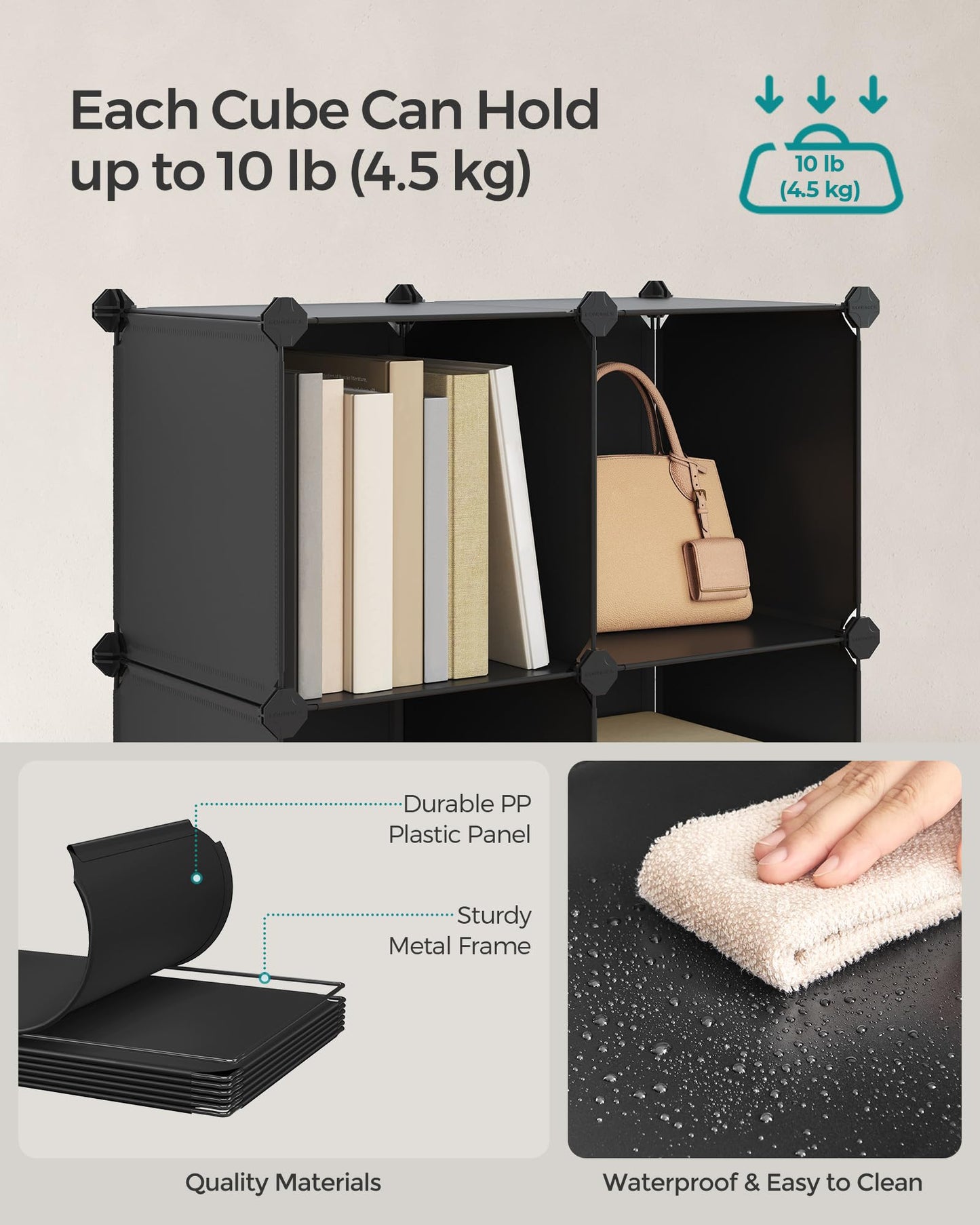 SONGMICS Cube Storage Organizer, Set of 16 Plastic Cubes, Closet Storage Shelves, DIY Plastic Closet Cabinet, Modular Bookcase, Shelving with Doors for Bedroom, Living Room, Black and White ULPC44HS