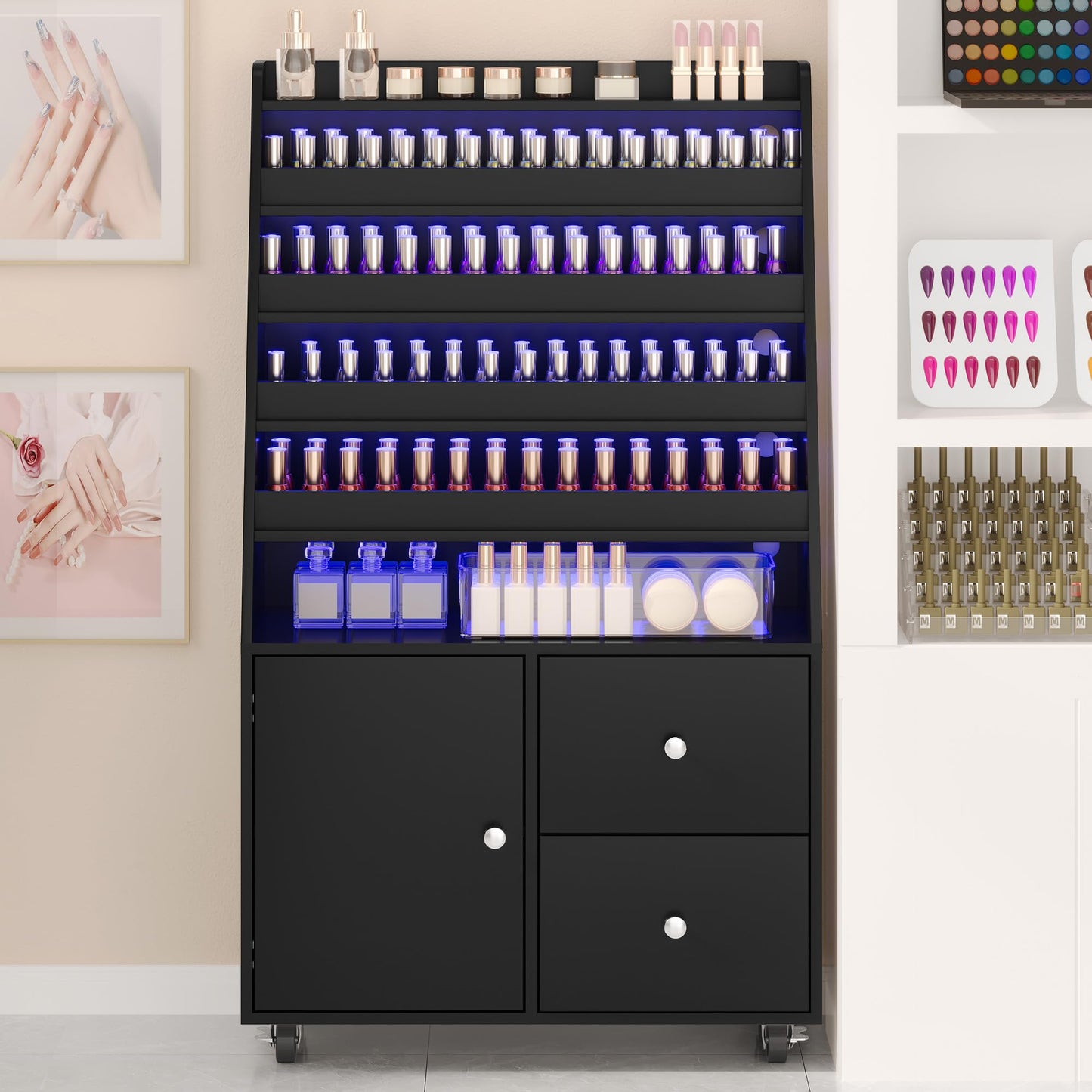WLLPNG Nail Polish Shelves with LED Light, Rolling Nail Polish Cabinet Organizer Display Stand with Cabinet & 2 Drawers, Large Capacity Nail Storage Rack for Salon Home