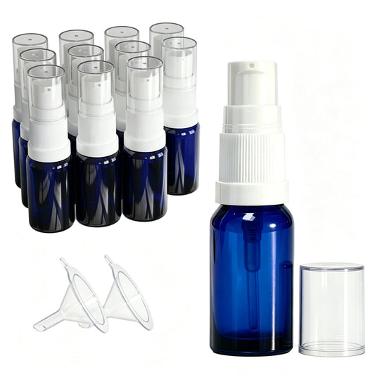 Jagolain 10ml 12 Pack Blue Glass Pump Bottle, 1/3oz Travel Refillable Cream Lotion Essentail Oil Bottles,Empty Small Cosmetic Dispenser Shampoo Containers (10ml blue 12pcs)