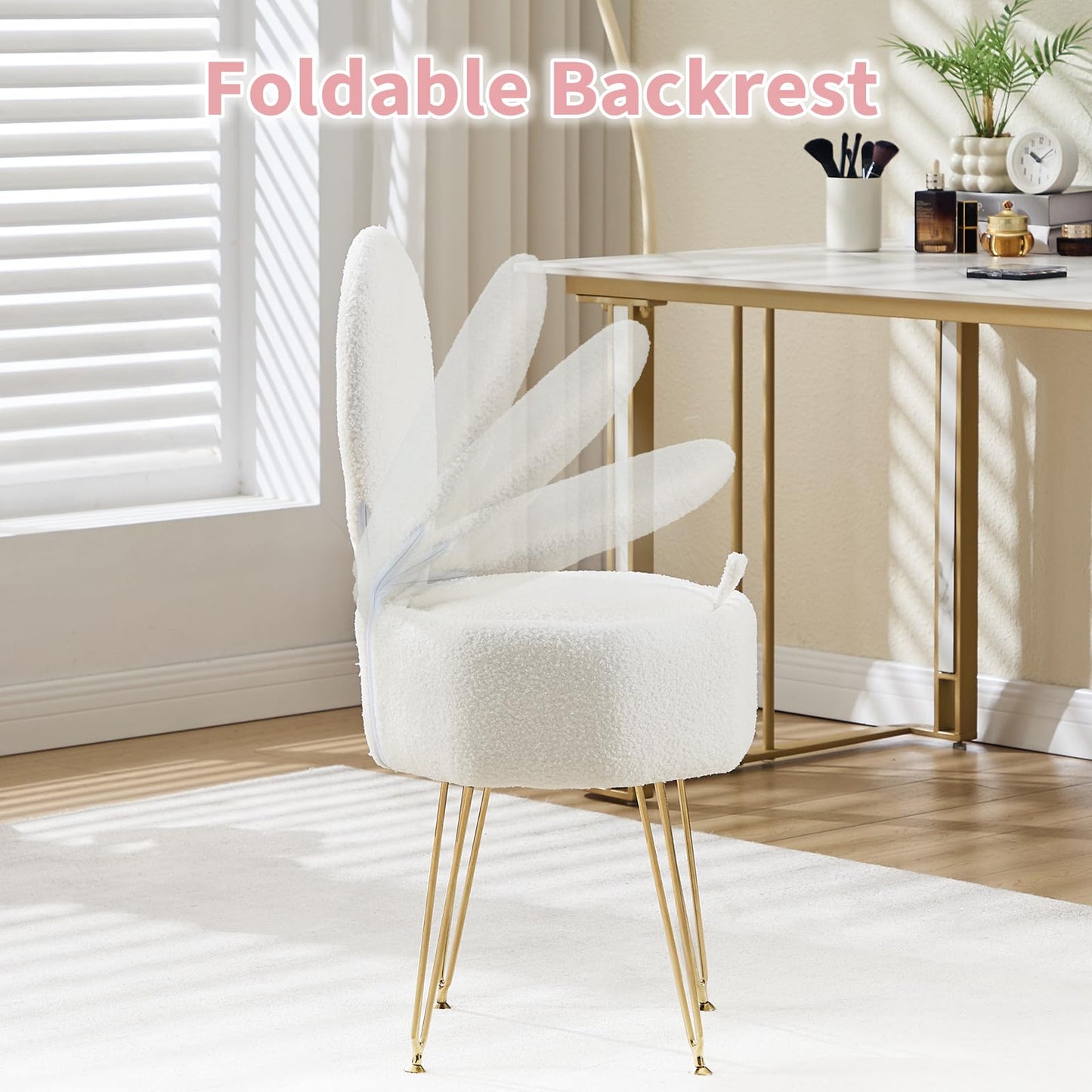 Garvee Vanity Stool Chair with Pillow & Foldable Backrest, Sherpa Fleece Vanity Chair with Stroage Space & Metal Legs, Soft Storage Ottoman, Modern Accent Chair for Makeup Bedroom Living Room, White