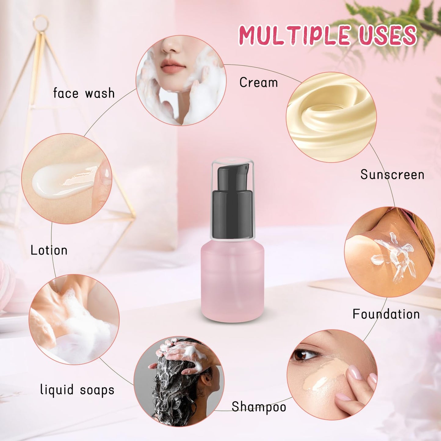 Wresty 6 Pcs Empty Glass Pump Bottles Refillable Cream Lotion Bottles Travel Sample Bottle Cosmetic Dispenser Bottle Containers For Lotion Cream Emulsion Essence (Pink, 15ml/0.5oz)