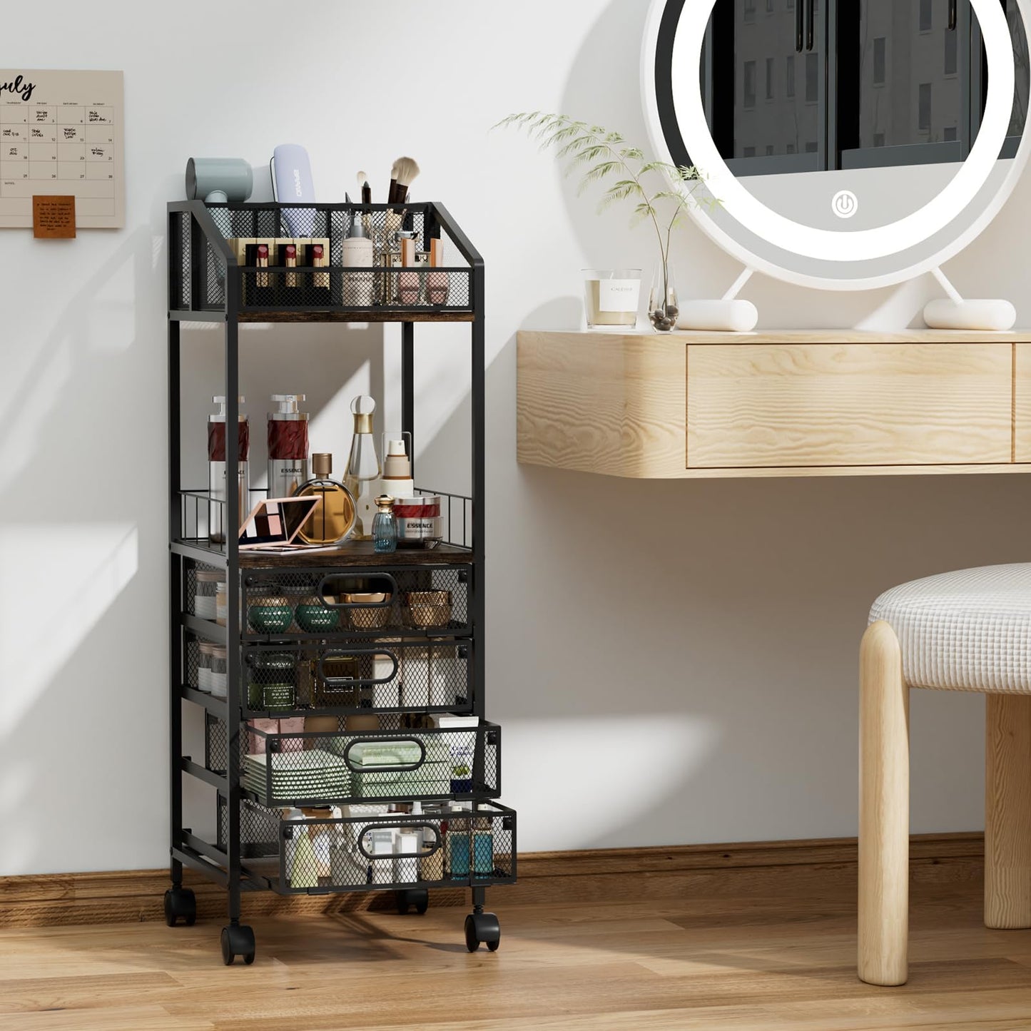 HapiRm Makeup Organizer Storage Cart - Floor Skincare Make Up Storage with 4 Drawers, Rolling Makeup Cart Vanity Organizer Cosmetics Display Cases Holder for Skin Care Perfume Nail Polish