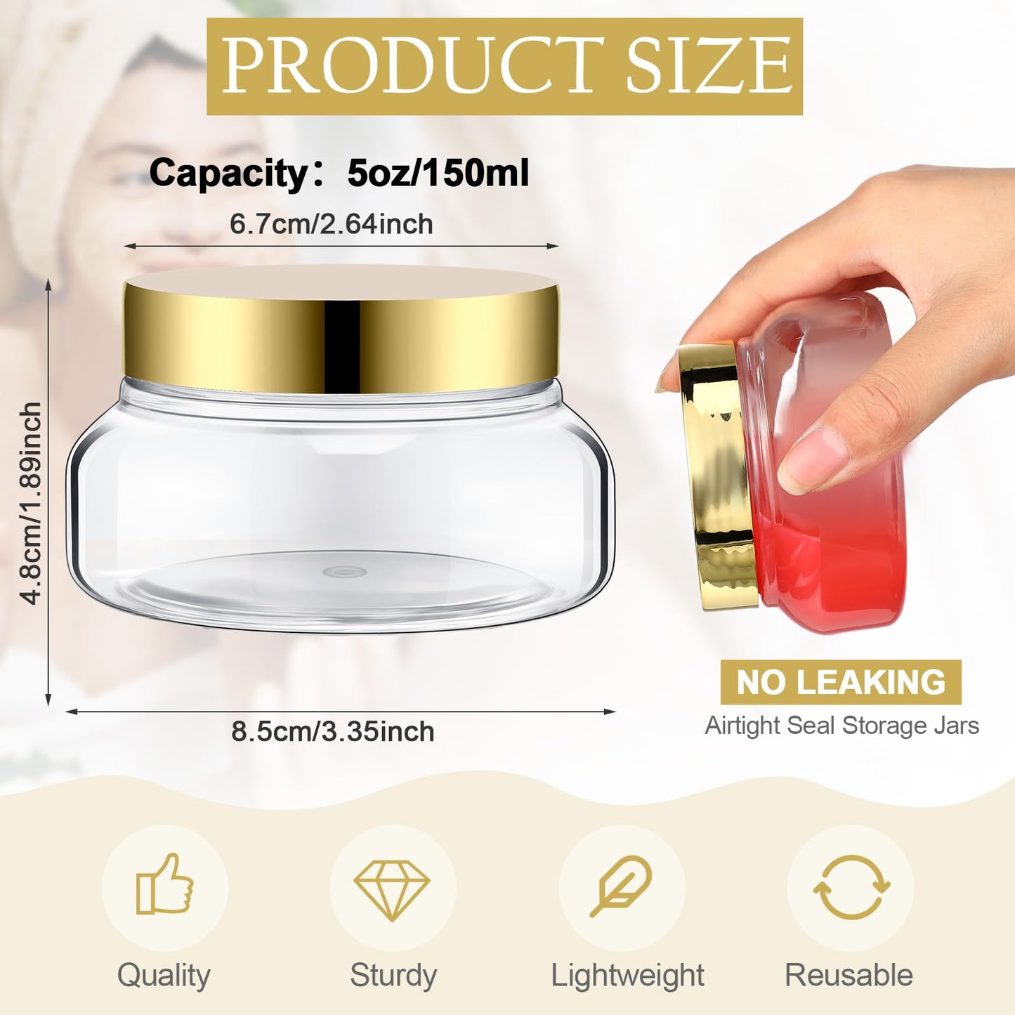 Mumufy 48pcs Plastic Jars with Lids Round Empty Containers Travel Containers for Creams Refillable Cosmetic Jars for Lotions Body Scrub Body Butter (5 oz,Gold,Clear)