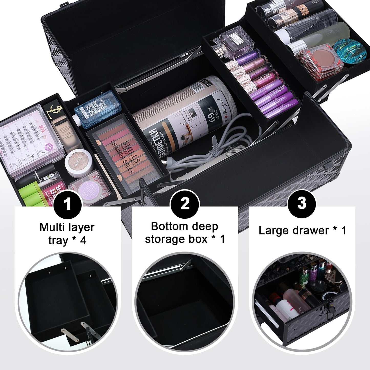TOPACK Rolling Makeup Train Case,360°Rotaing Wheel Aluminum Cosmetic Case with Trolley 4-Tray for Tattoo/Barber/Nail Tech Travel Cart Organizer 13.1 * 9.8 * 18.3in BLACK (BLACK)