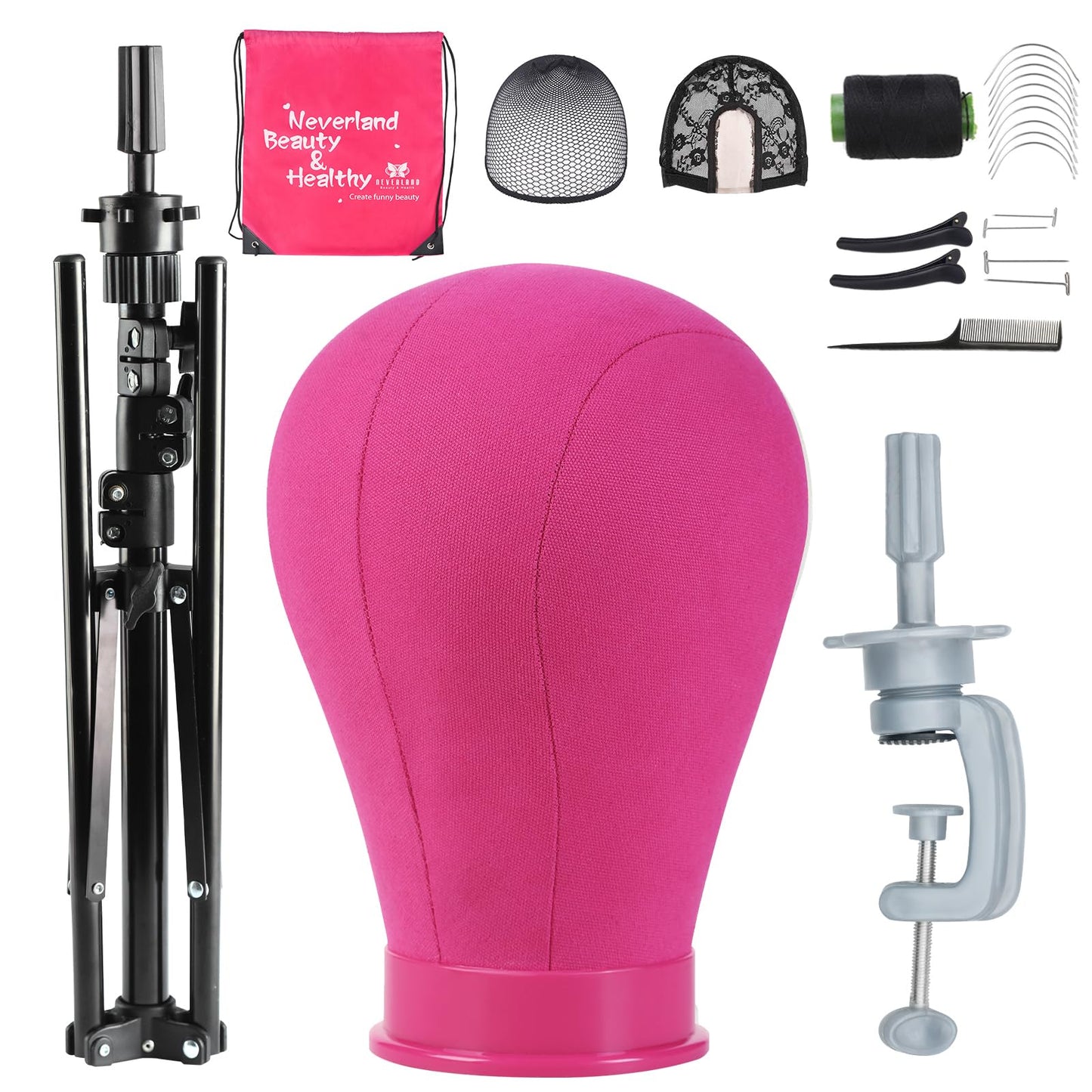 Neverland Beauty & Health 23 Inch Wig Head, Wig Stand Tripod with Head, Wig Head Stand with Mannequin Head for Wigs, Wig Stand with Head, Adjustable Tripod Manikin Head Set for Cosmetology(Rose Red)