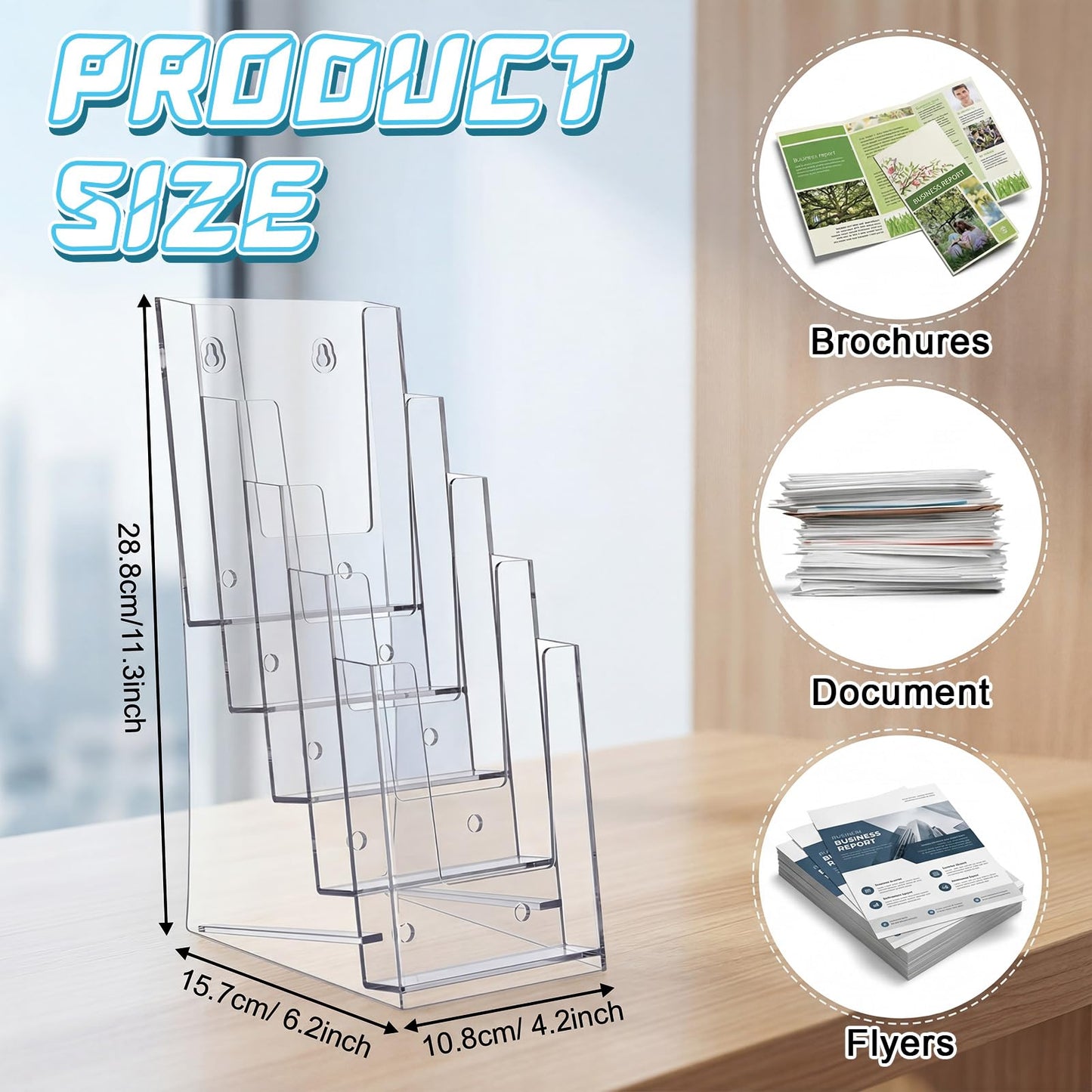 ForraFun 4 Pcs 5 Tier Acrylic Brochure Holder, 4 Inch Clear Brochure Display Stand Multi Pocket Pamphlet Holder Literature Rack Organizer Wall Mount or Countertop