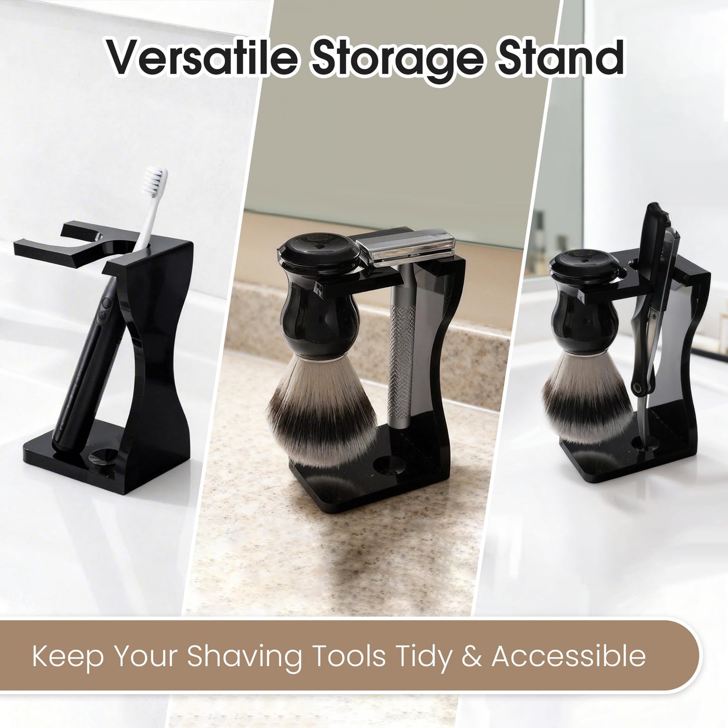Keropy 2-in-1 Shaving Brush and Razor Stand, Black Acrylic