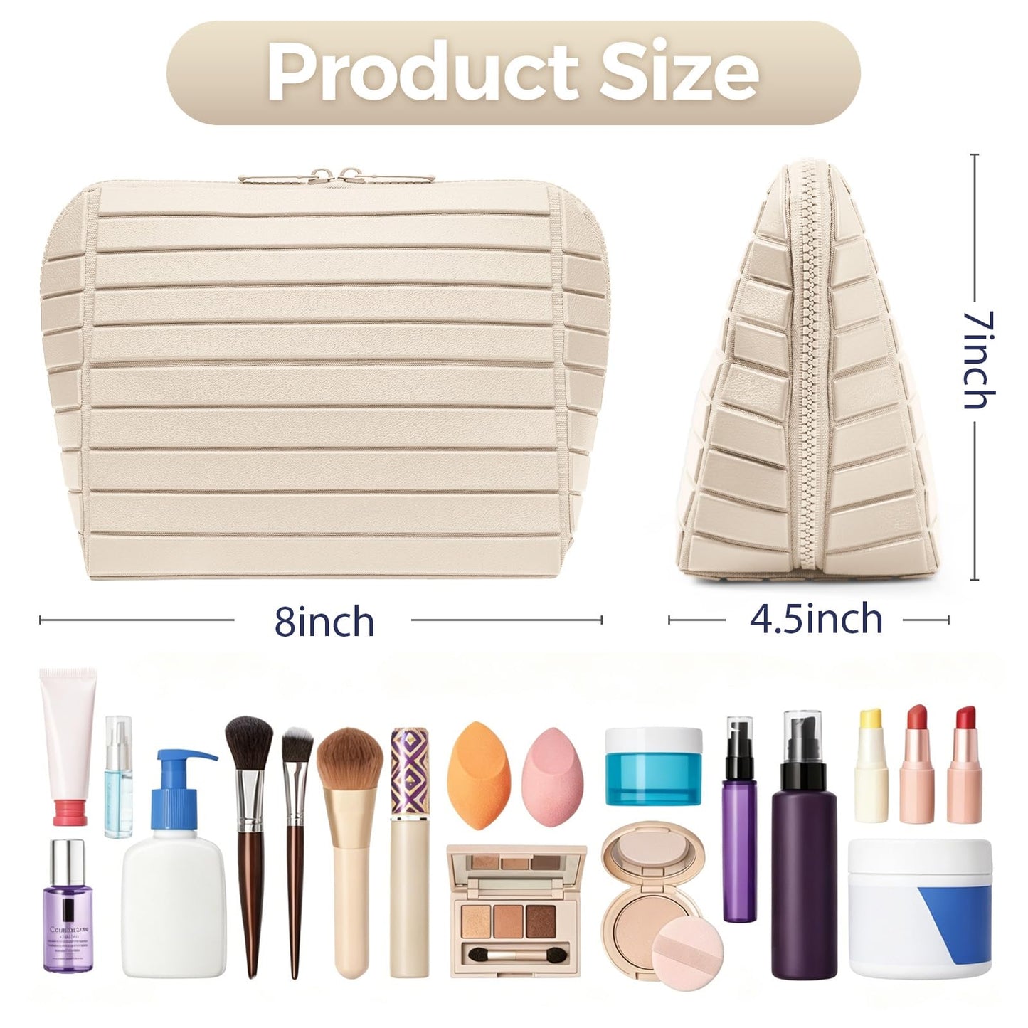 Travel Makeup Organizer Bag with Fold-Down Design and Adjustable Dividers, 27 Pockets & 3 Brush Storage Holders, Large Capacity Cosmetic Bags Toiletry Case - White