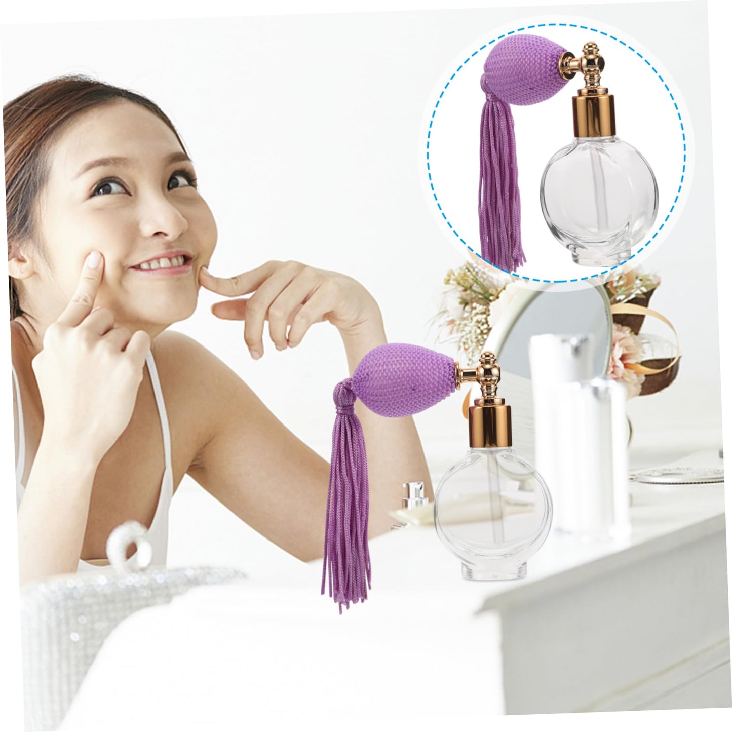 Healvian Refillable Perfume Pump Sprayer Bottle Vintage Style with Tassel Portable Mini Atomizer for Travel Body Powder and Fragrance Compact Makeup Tool 3.26X2.99X0.66In