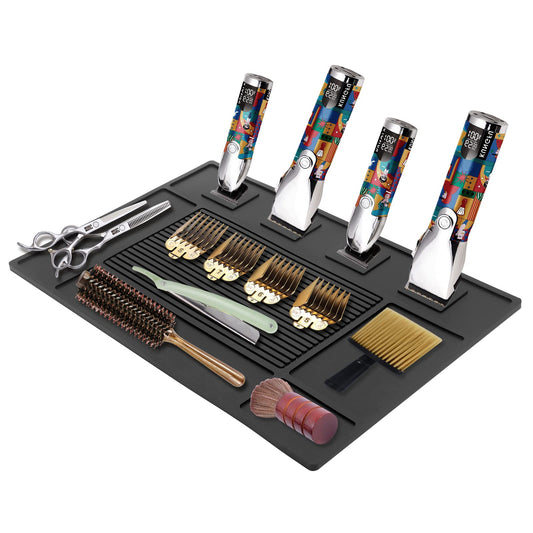 MoyRetty Magnetic Barber Organizer Mat for Clippers(17.7'' x 11.8''), Professional Anti-Slip Heat-Resistant Silicone Pad for Hair Stylist Supplies- 4 Magnets