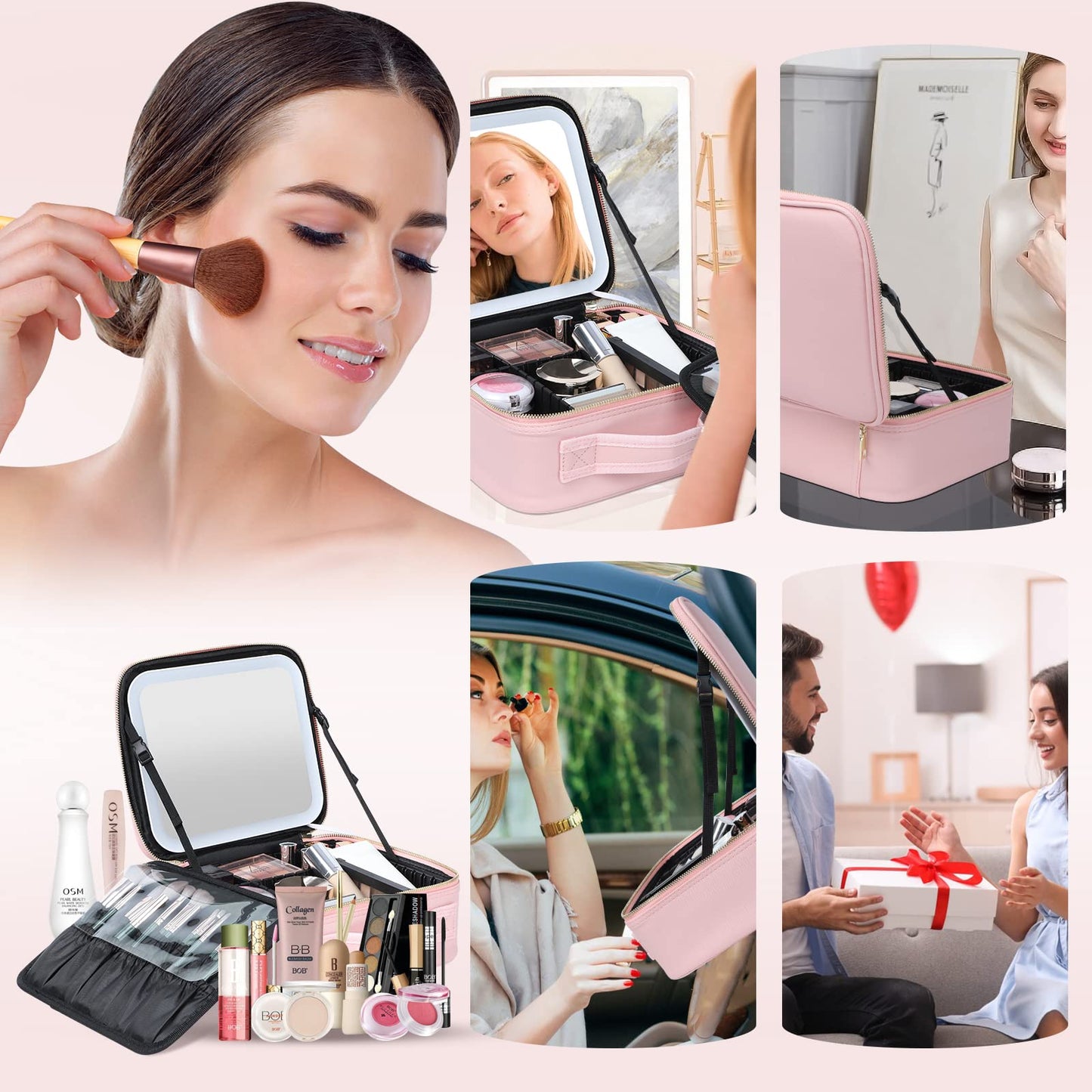 Gdsshuhung Makeup Bag with Mirror and Light, Cosmetic Travel Case with Mirror, Large Makeup Organizer with Mirror, Portable Makeup Case with Mirror for Women (Pink)