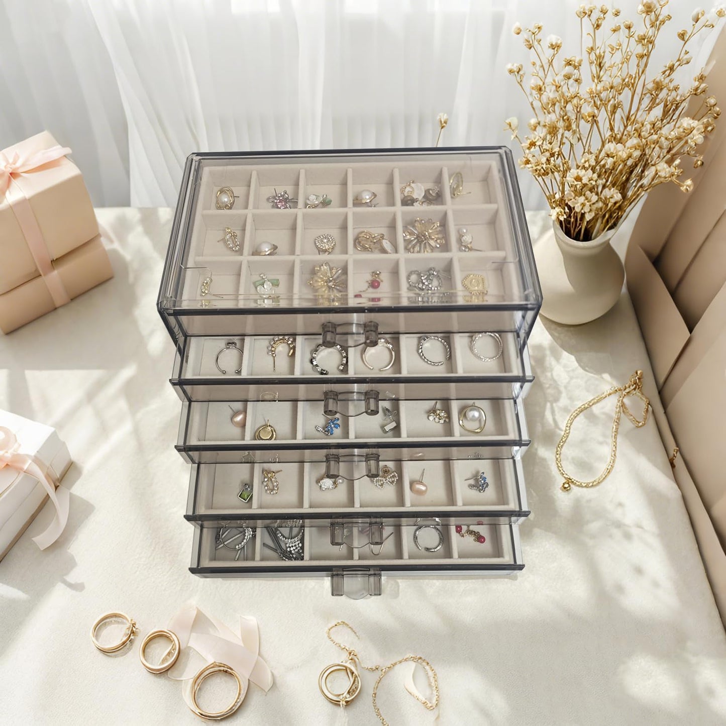 HOUKANWE Acrylic Earring Holder Organizer with 5 Drawers Clear Earring Organizer Box with 90 Adjustable Grids Velvet Earring Display Case Jewelry Organizer for Earrings Rings Studs (Brown Beige)