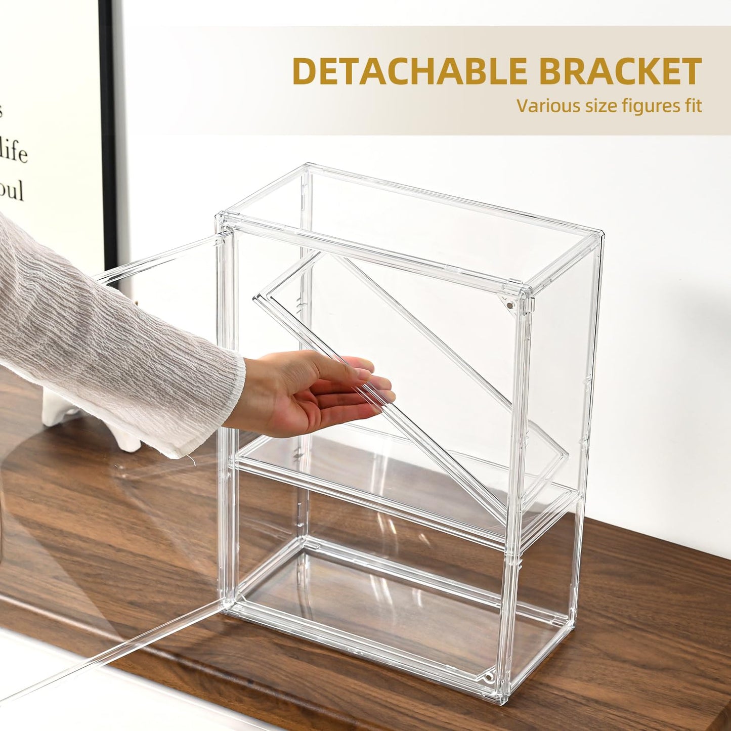 3 Tier Display Case for Collectibles,Clear Display Box with 2 Movable Plates ,Storage Container with Magnetic Door (Large 2 Pack)