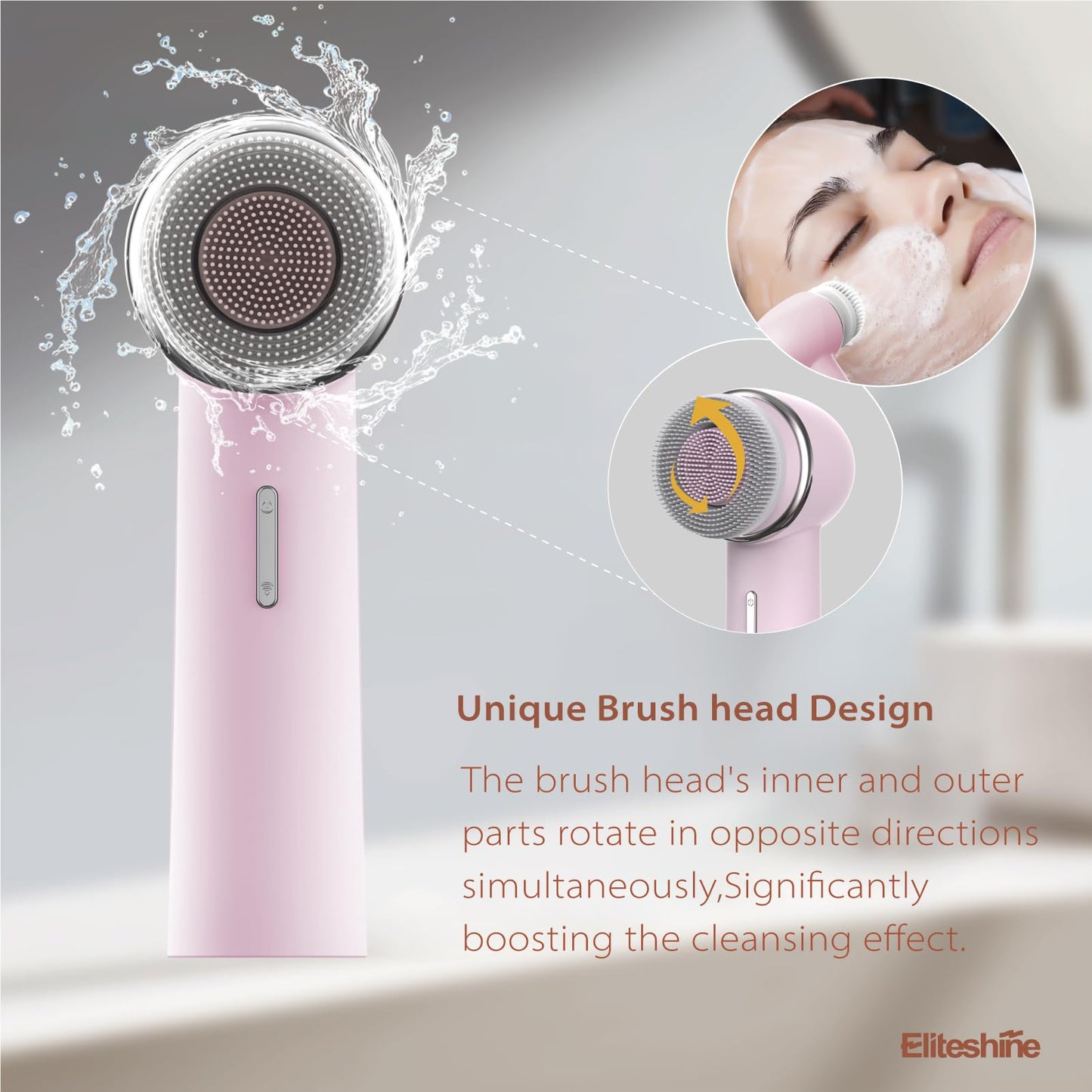 Eliteshine Electric Facial Cleanser Brush Equipped with Dual-Rotating Silicone and Bristle Brushheads,Rechargeable Electric Silicone Face Scrubber Exfoliator,Facial Cleansing Brush,for Women Skincare