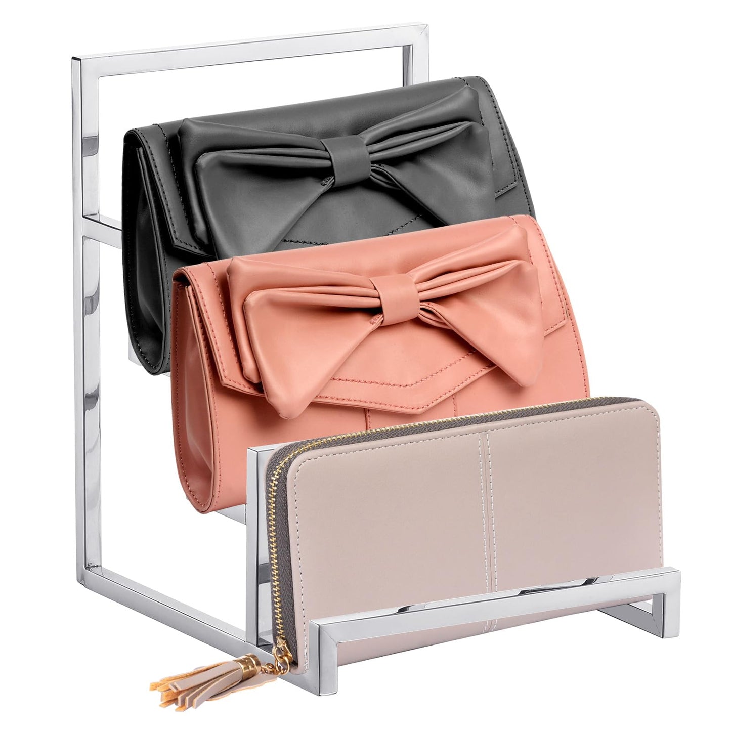 uxcell Clutch Purse Display Stand 4 Layer Wallet Display Rack Metal Clutch Holder Riser for Home Retail Store Supplies - Silver